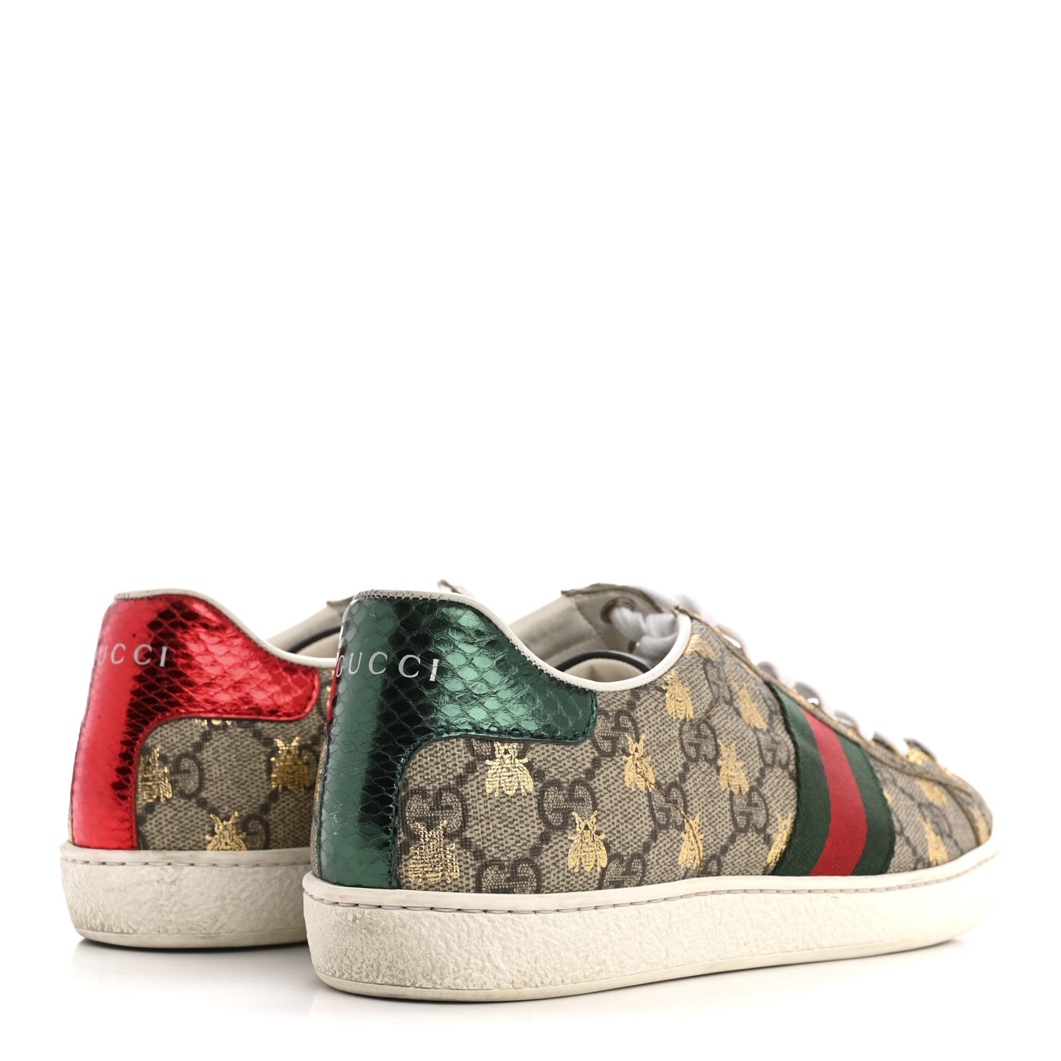 Gucci GG Supreme Monogram Bees Ayers Web Womens Ace Sneakers 37.5 Beige Oro Green Red 5 of 11