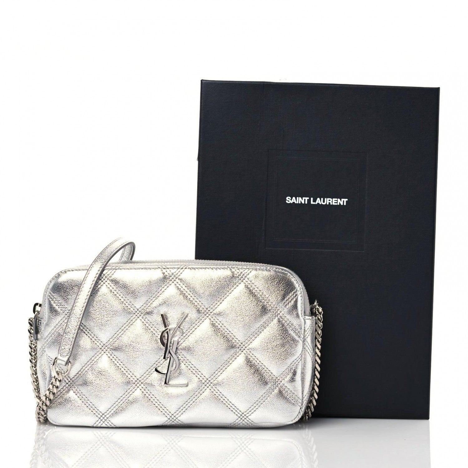 Saint Laurent Metallic Lambskin Quilted Mini Becky Double Zip Bag Argento 12 of 12