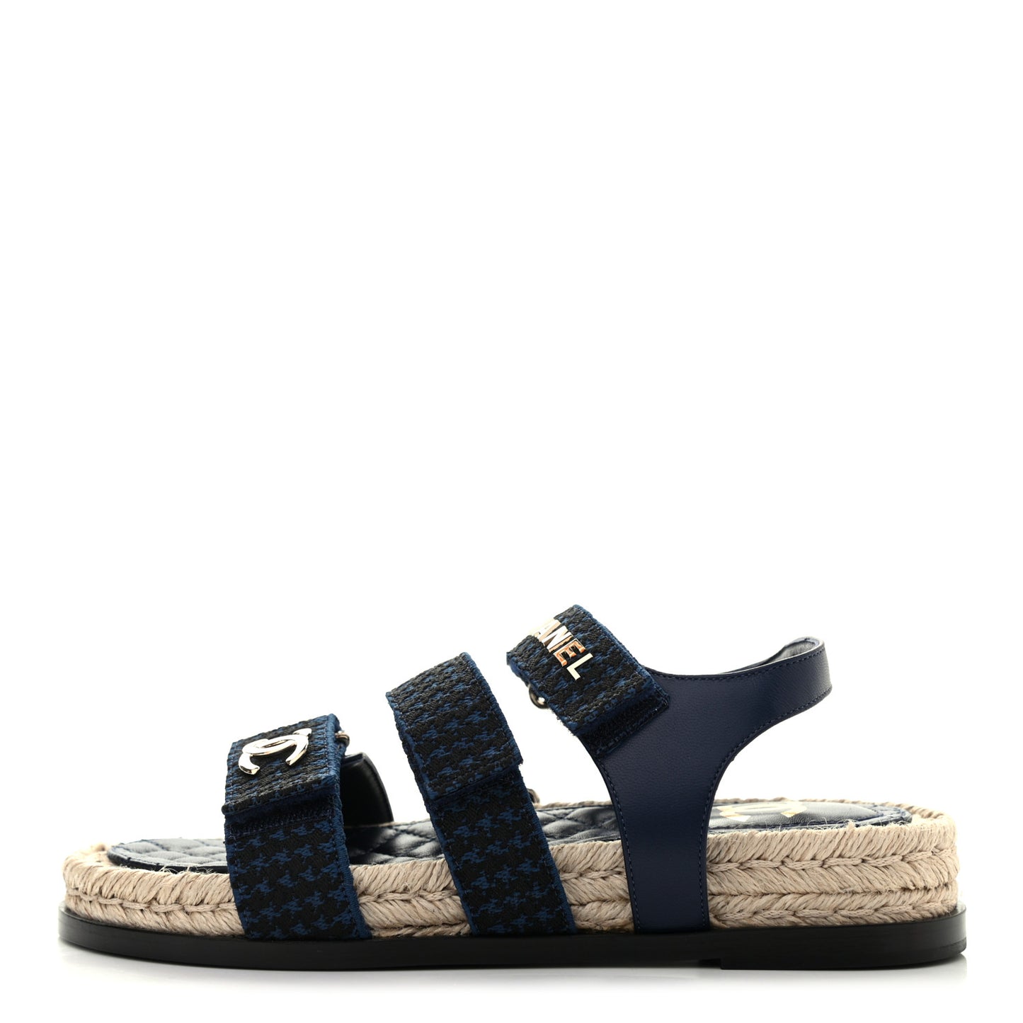 Stretch Fabric Lambskin CC Flat Sandals 37 Navy Blue Black