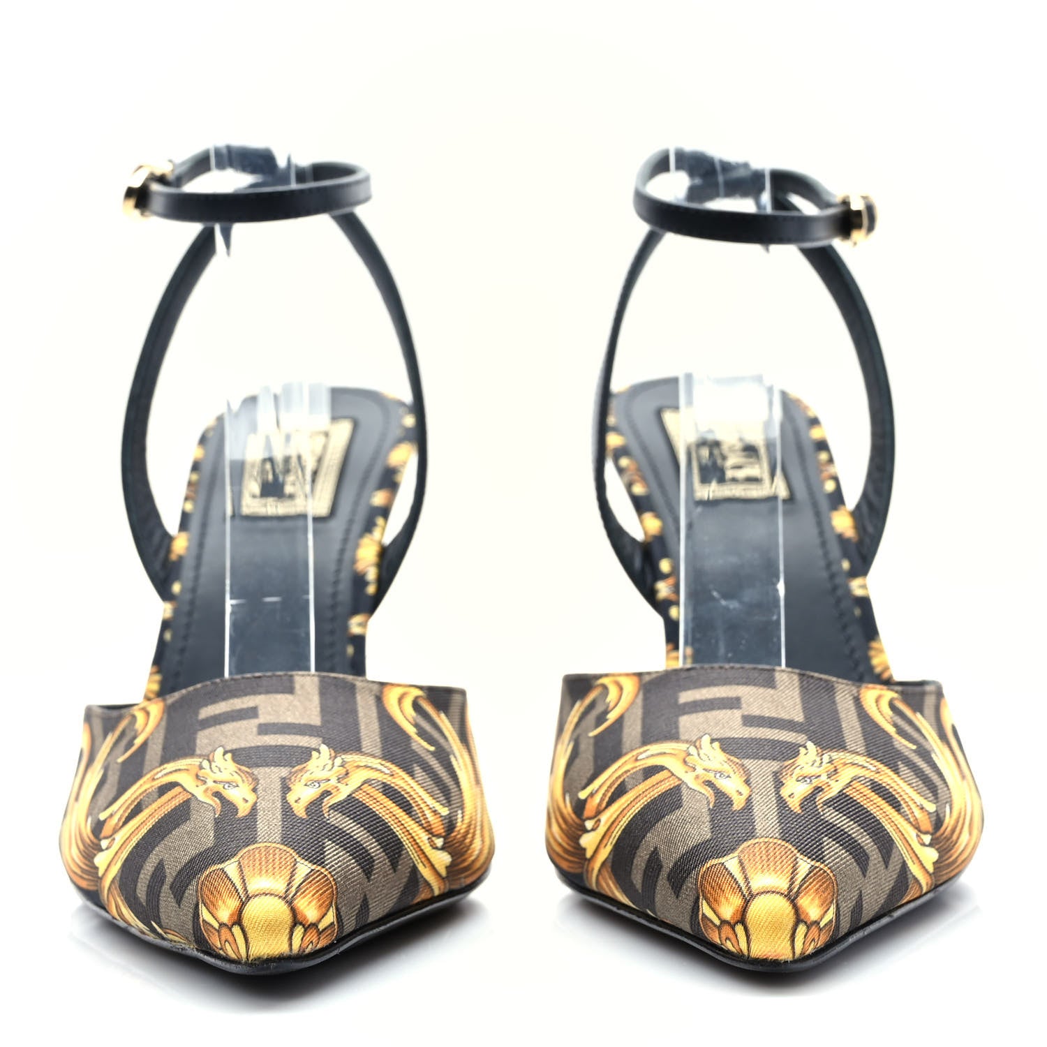 Fendi X VERSACE Silk Calfskin Fendace Fendi First 95mm Slingback Sandals 39 Tobacco Black Gold 2 of 8