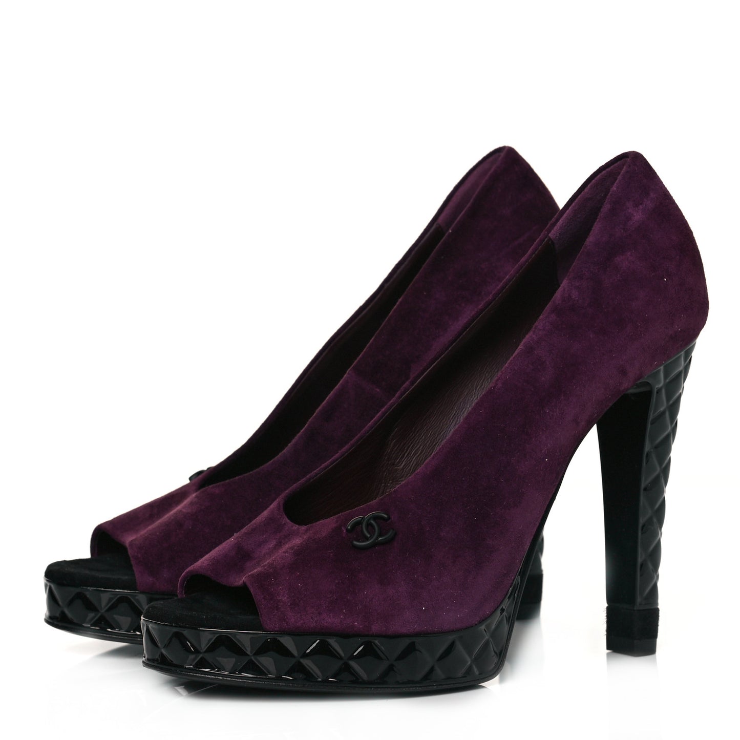 Suede Calfskin Patent Quilted CC Peep Toe Pumps 37.5 Purple