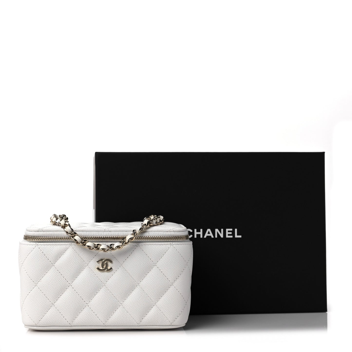 Caviar Quilted Small Vanity Case With Chain White