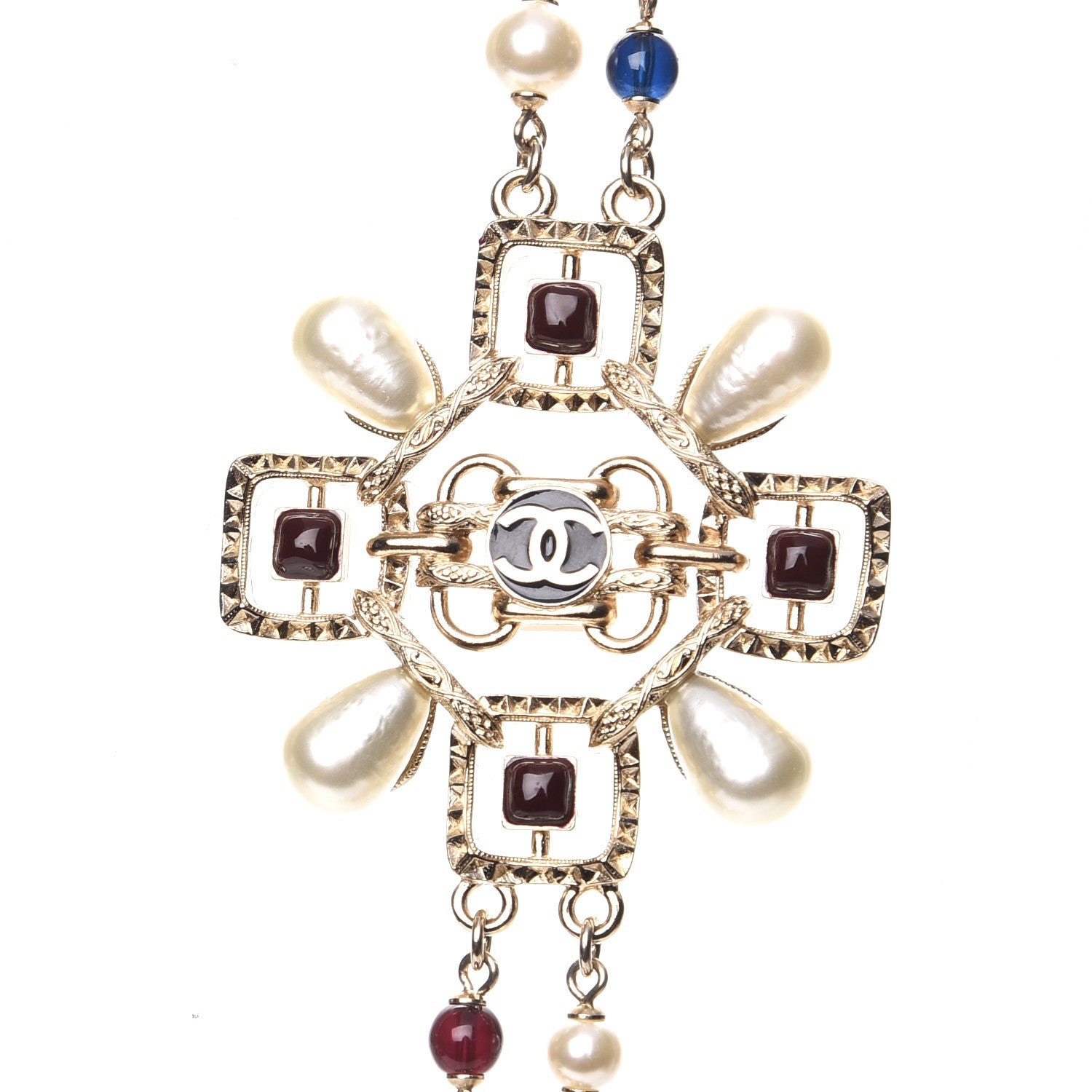 Chanel Metal Resin Gripoix Pearl CC Necklace Red Blue 5 of 7
