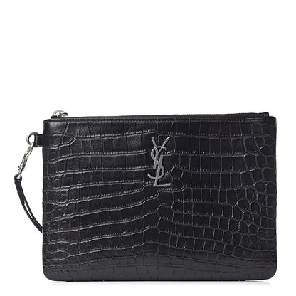 Saint Laurent Calfskin Crocodile Embossed Monogram Zip Pouch Black 1 of 10