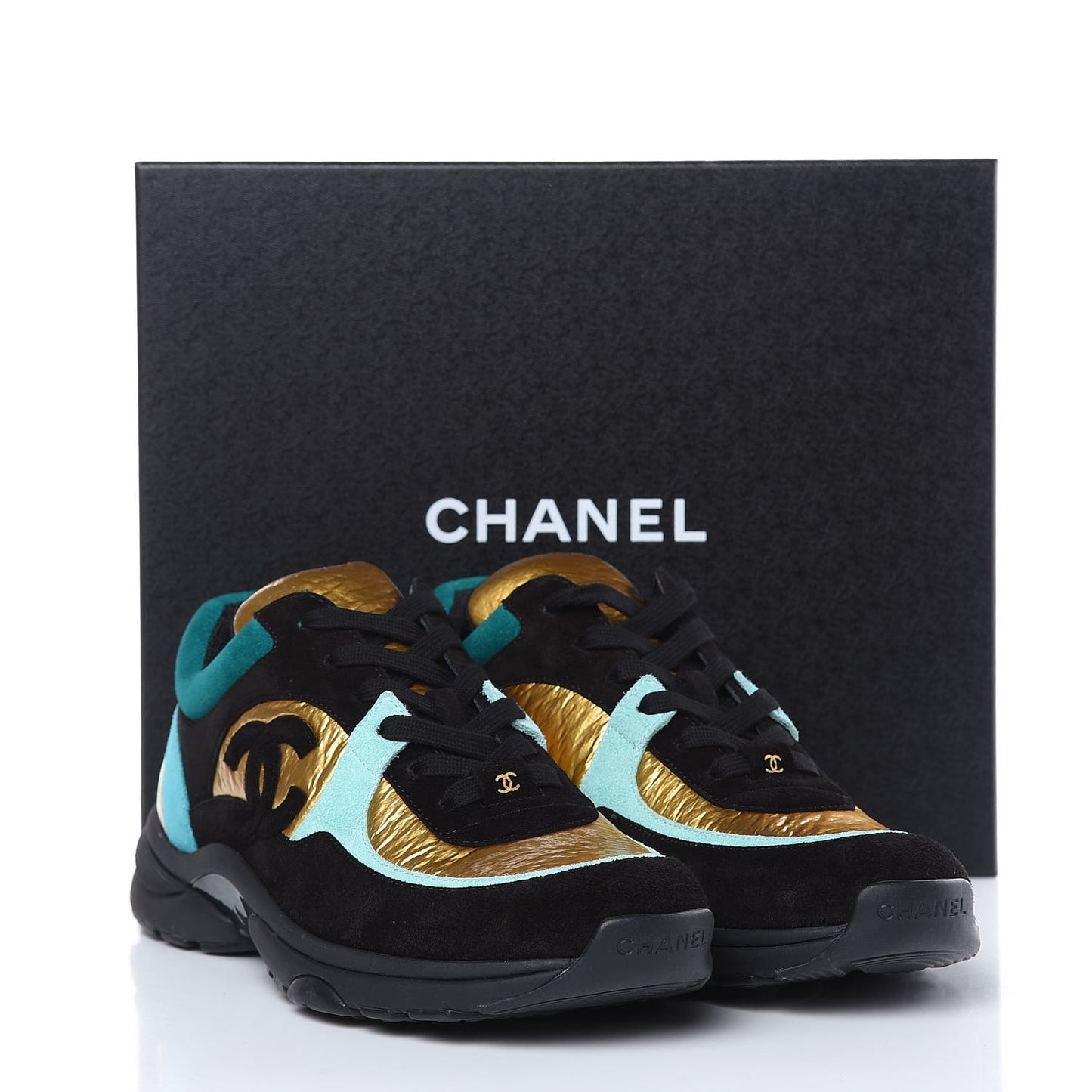 Fabric Calfskin Suede CC Womens Sneakers 38.5 Black Turquoise Gold