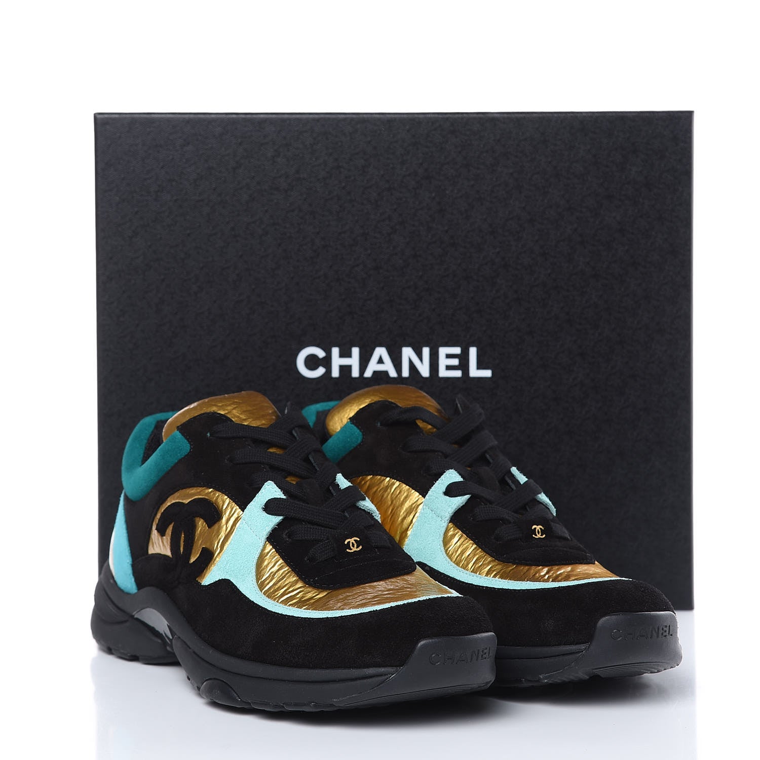 Chanel Fabric Calfskin Suede CC Womens Sneakers 38.5 Black Turquoise Gold 7 of 7