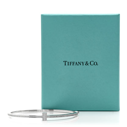 Tiffany 18K White Gold Diamond T Hinged Wire Bangle Bracelet 4 of 4