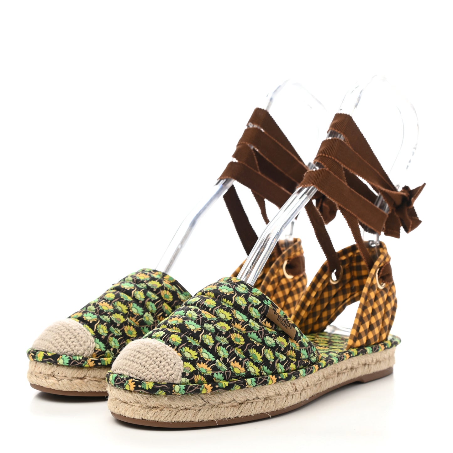 Canvas Quilted Floral Print Gingham Ankle Wrap Flat Espadrilles 36 Multicolor