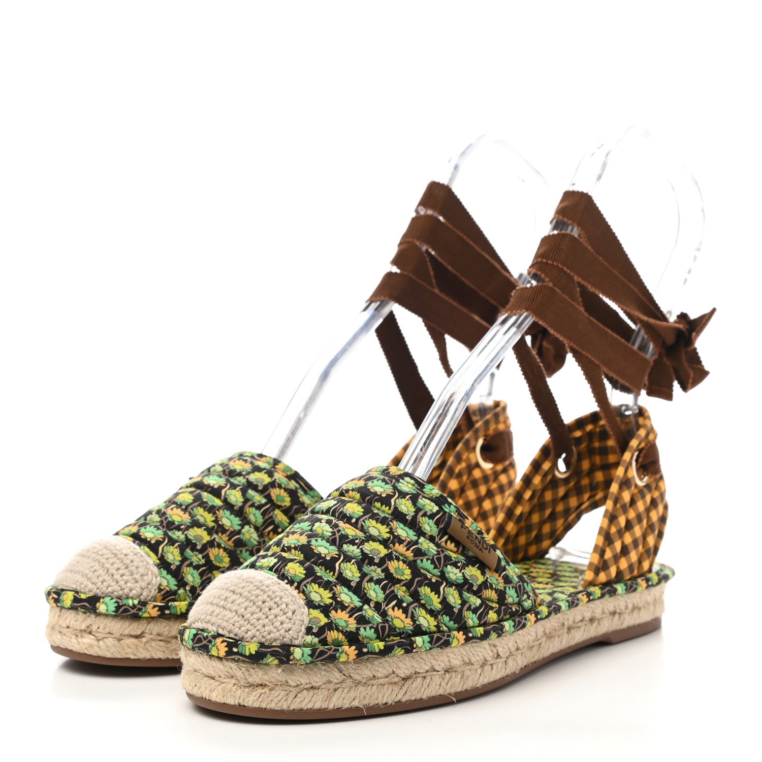 Fendi Canvas Quilted Floral Print Gingham Ankle Wrap Flat Espadrilles 36 Multicolor 3 of 8