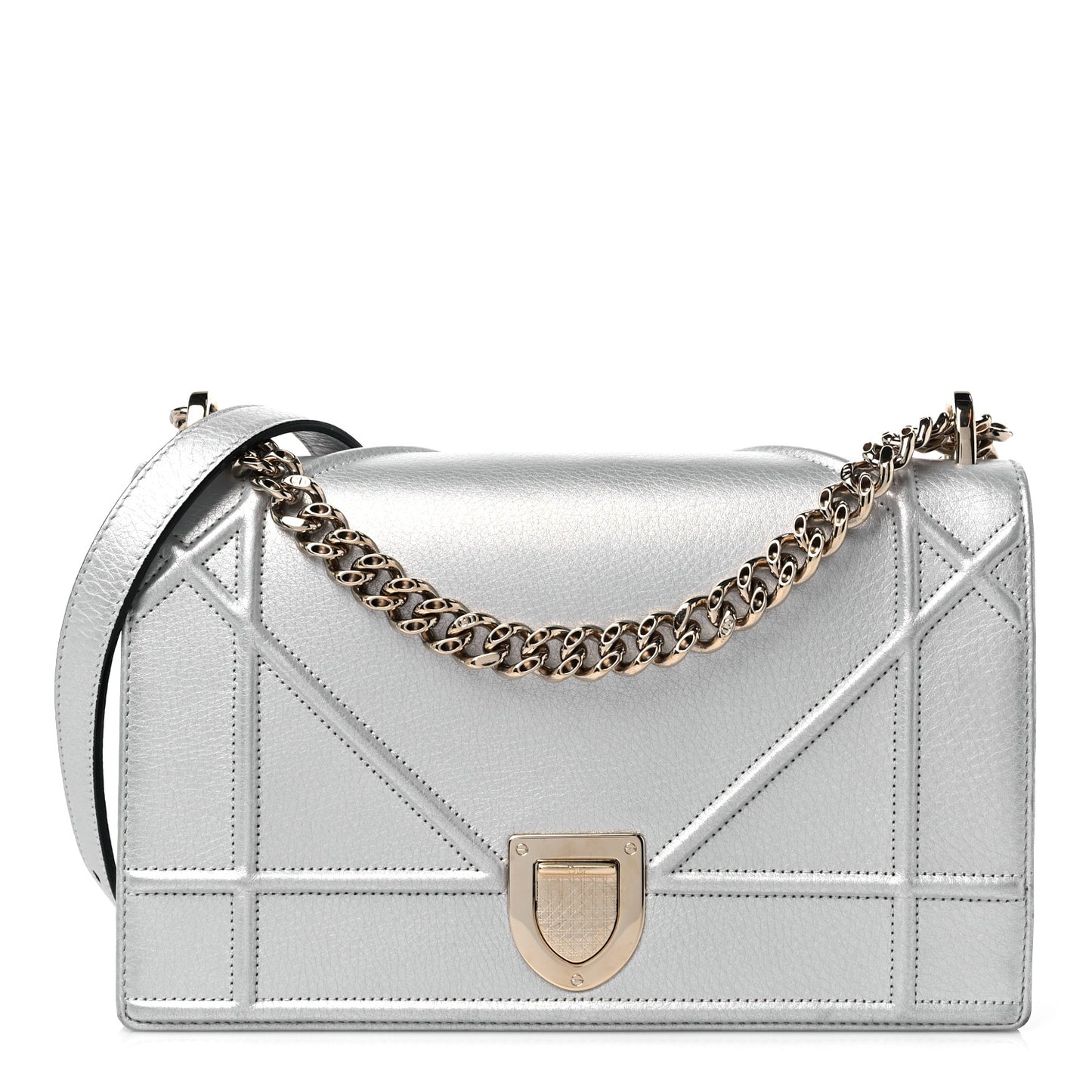Metallic Grained Calfskin Medium Diorama Flap Bag Silver