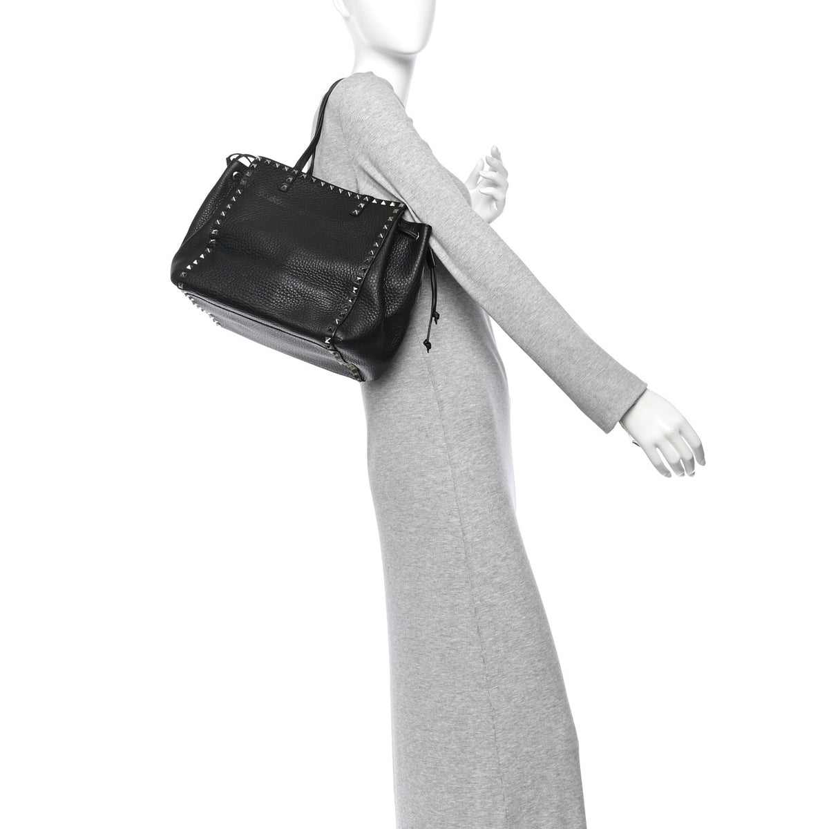 Grained Calfskin Rockstud Double Handle Cinch Tote  Black