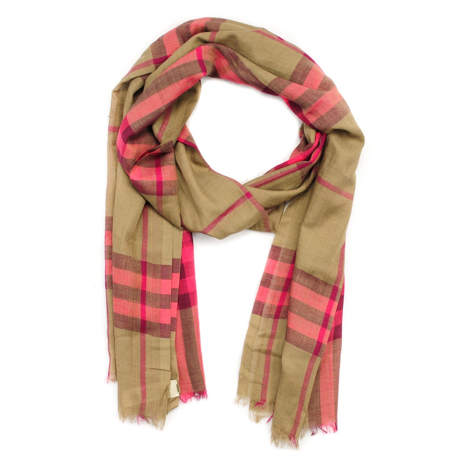 Burberry Wool Silk Giant Check Scarf Taupe Pink 1 of 6