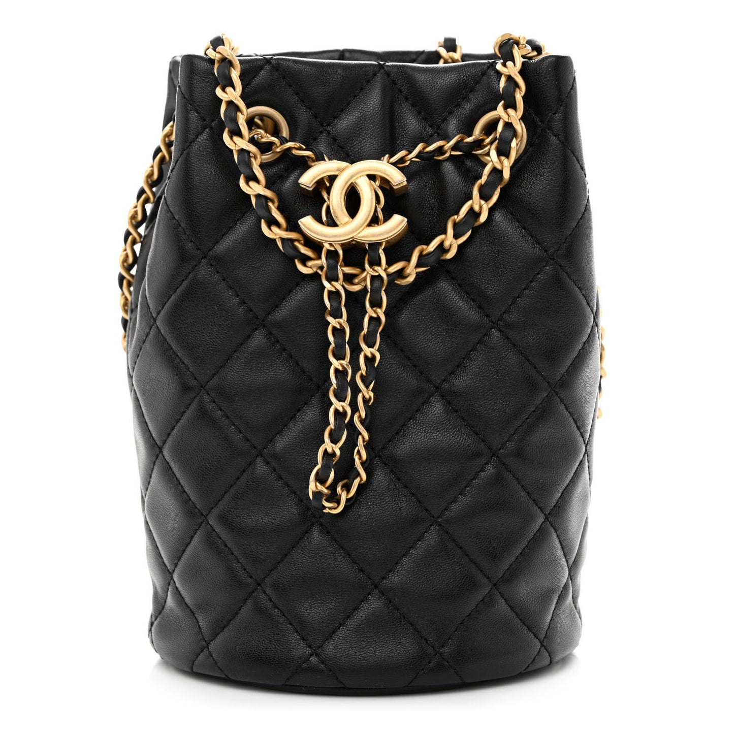 Lambskin Quilted Pearl Crush Drawstring Bag Black