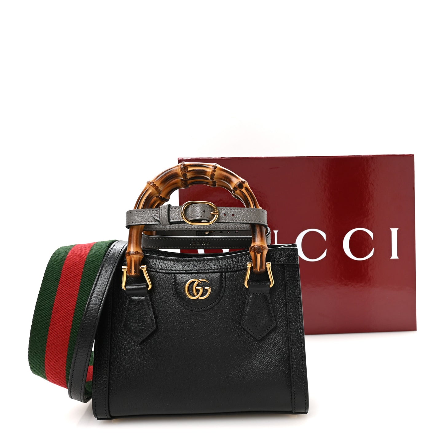 Textured Dollar Calfskin Web Mini Diana Tote Bag Black Dusty Grey