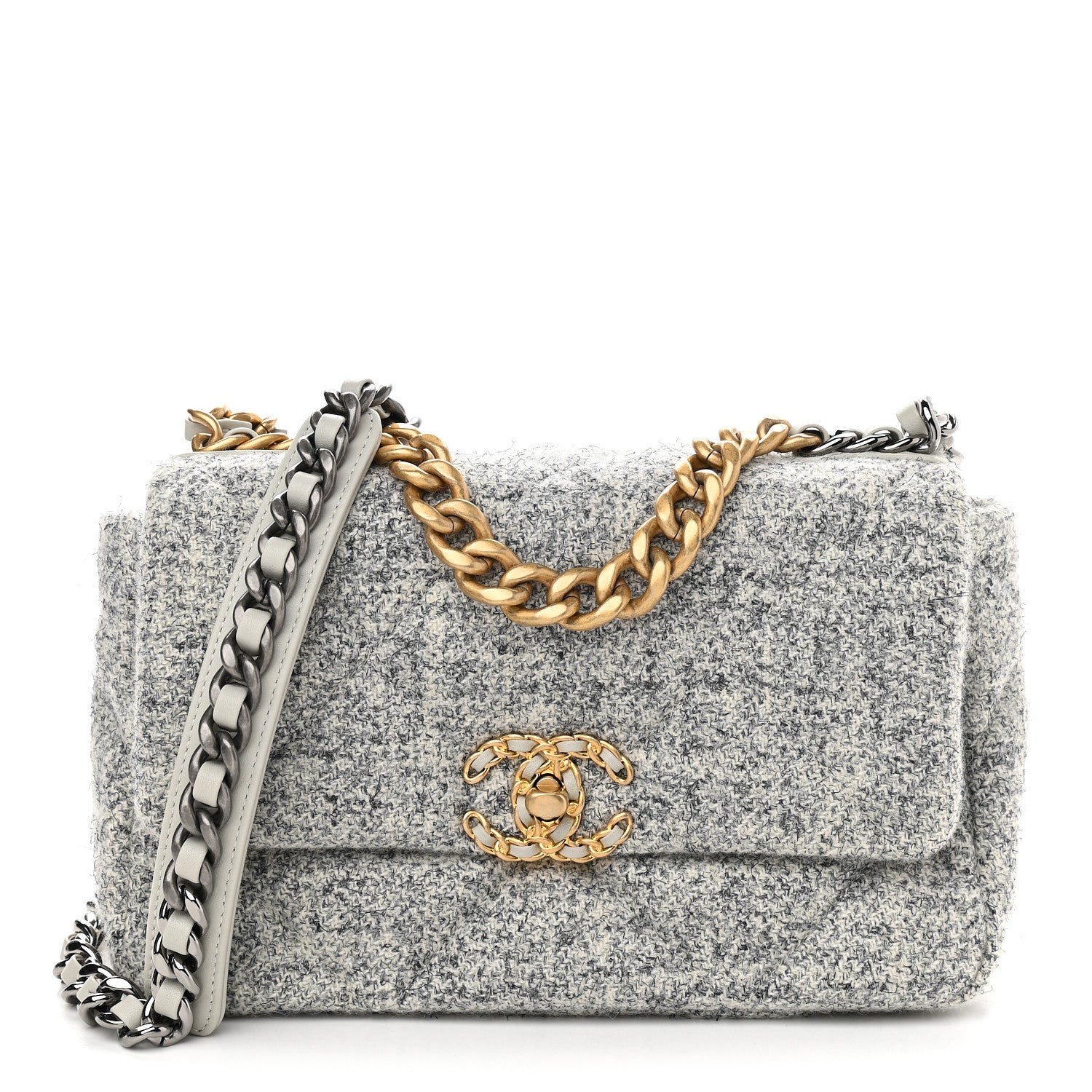 Chanel Tweed Quilted Medium Chanel 19 Flap Grey Ecru 1 of 9