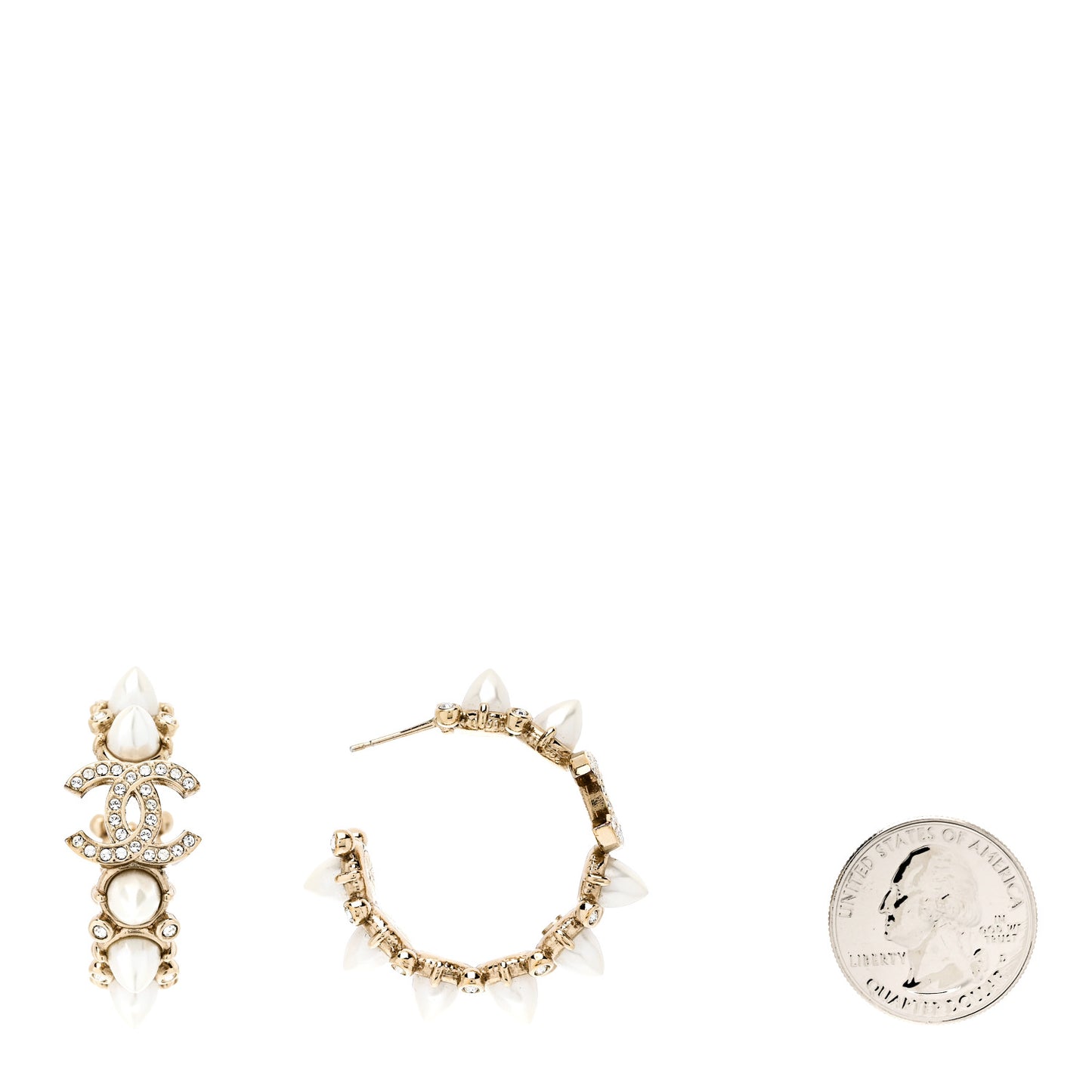 Spike Pearl Crystal CC Hoop Earrings Gold Pearly White
