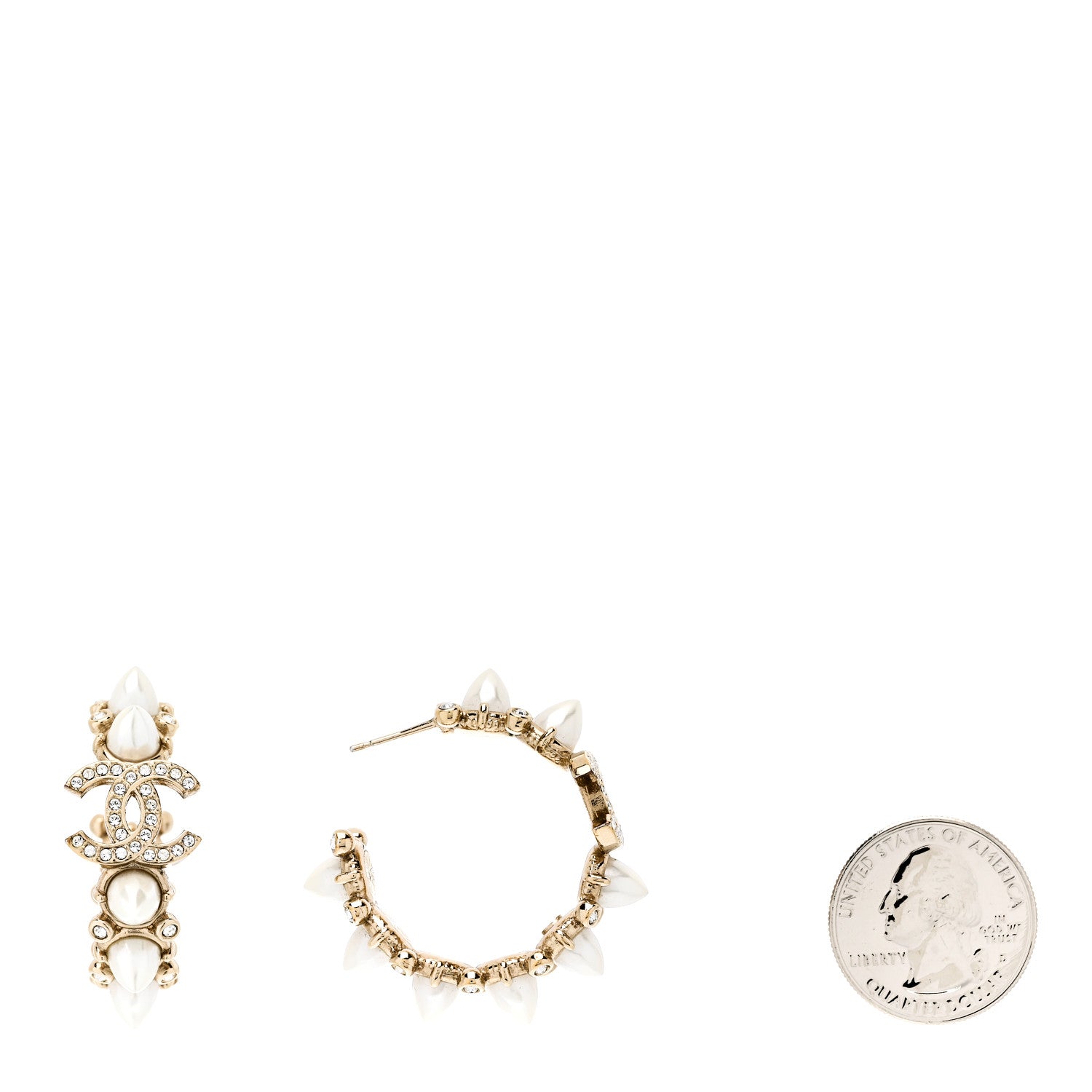 Chanel Spike Pearl Crystal CC Hoop Earrings Gold Pearly White 2 of 5