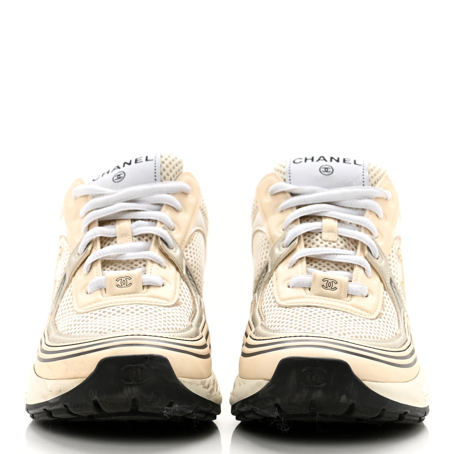 Fabric Laminated Calfskin Stretch CC Sneakers 35.5 White Gold Silver