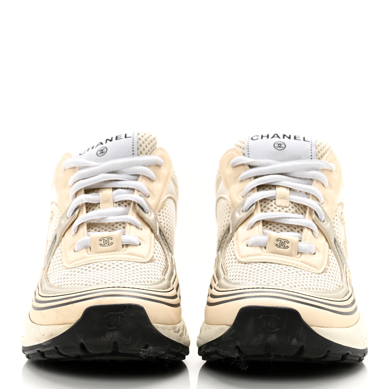Chanel Fabric Laminated Calfskin Stretch CC Sneakers 35.5 White Gold Silver 2 of 10