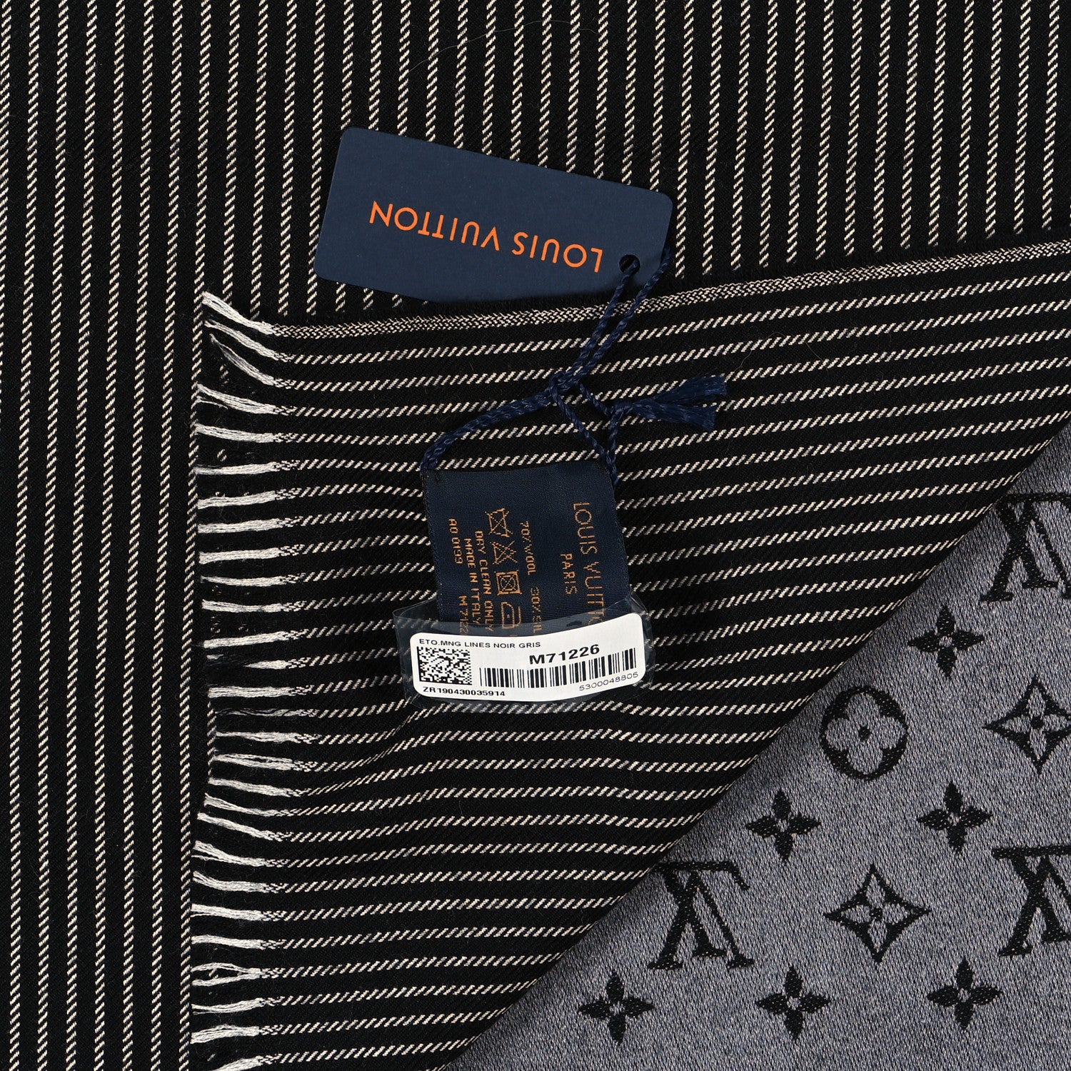 Louis Vuitton Wool Silk Monogram Lines Scarf Black Gris 3 of 4