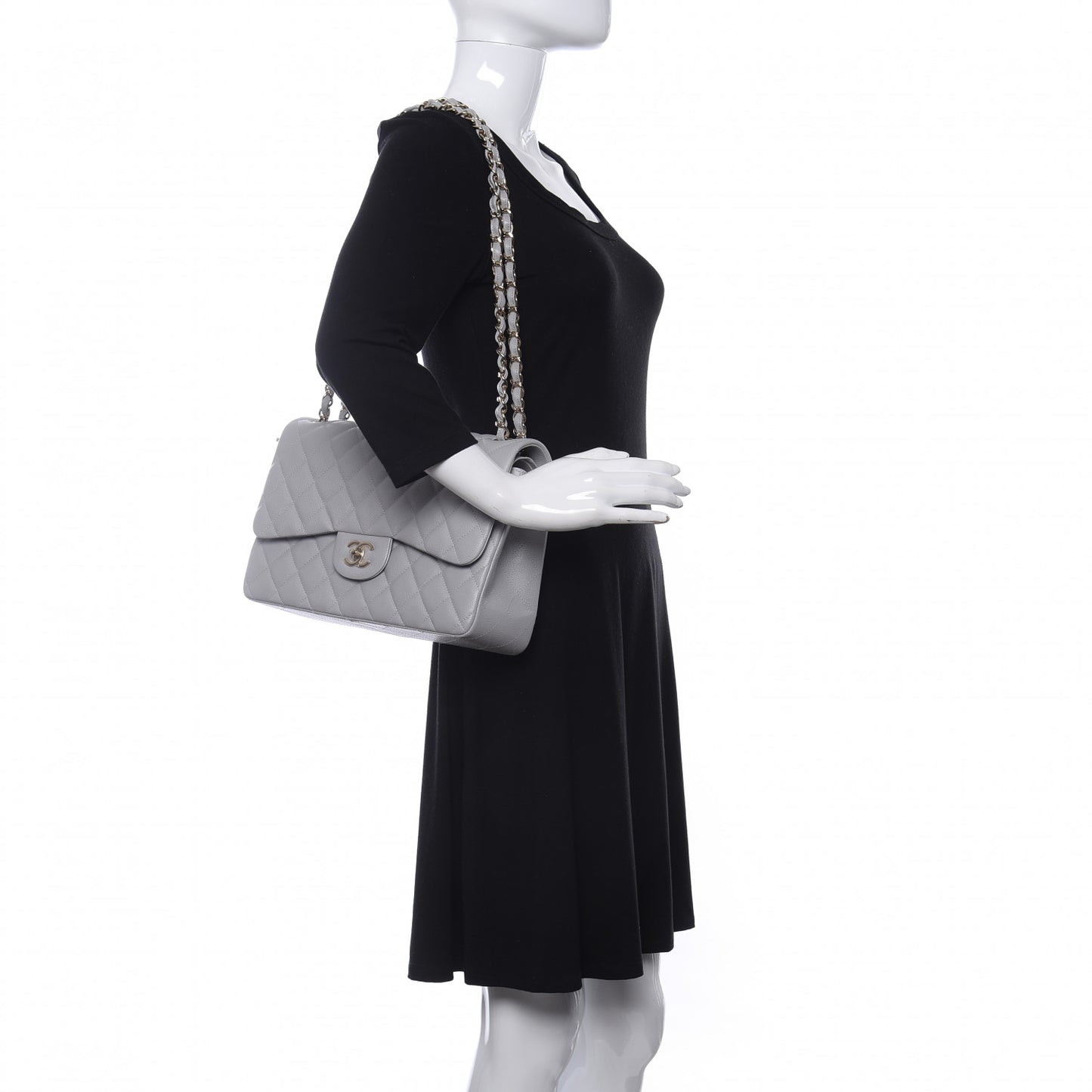 Caviar Quilted Jumbo Double Flap Grey