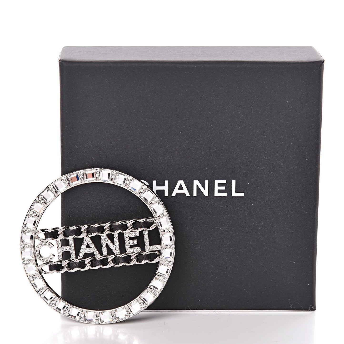 Lambskin Baguette Crystal Logo Brooch Black Silver