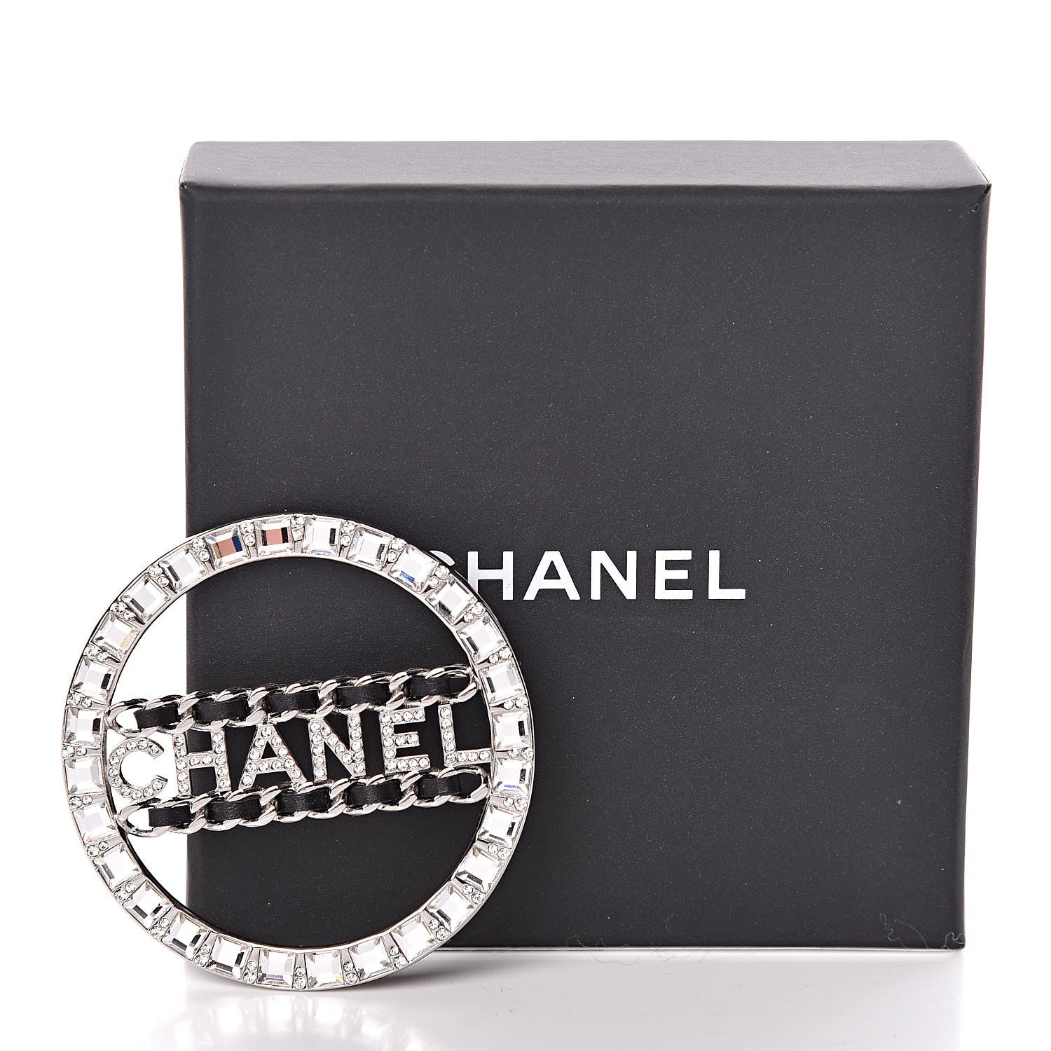 Chanel Lambskin Baguette Crystal Logo Brooch Black Silver 5 of 5