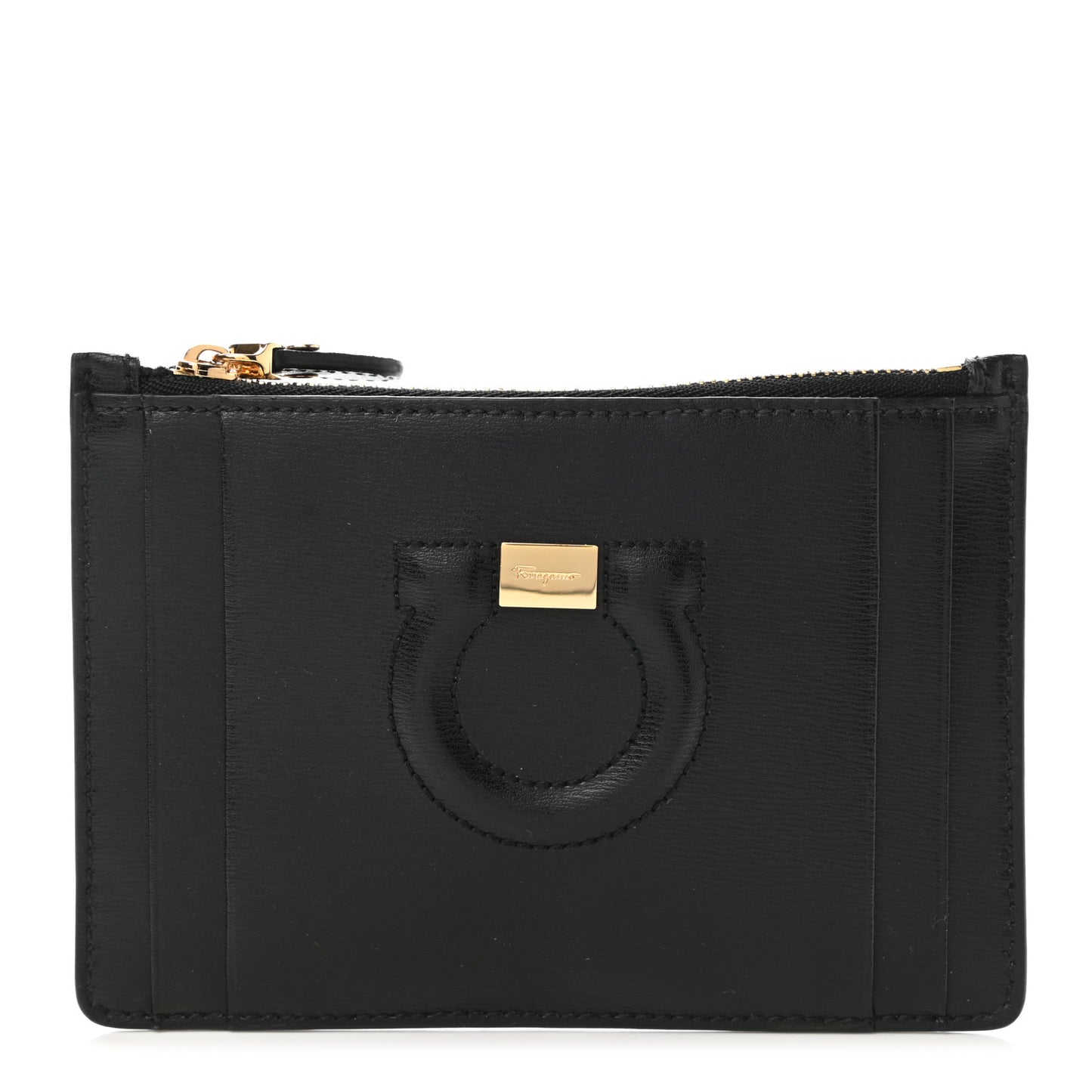 Pebbled Calfskin Gancini Zip Card Holder Black