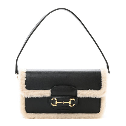 Gucci Sakai Be Green Calfskin Shearling Mini Horsebit 1955 Shoulder Bag Black 1 of 10