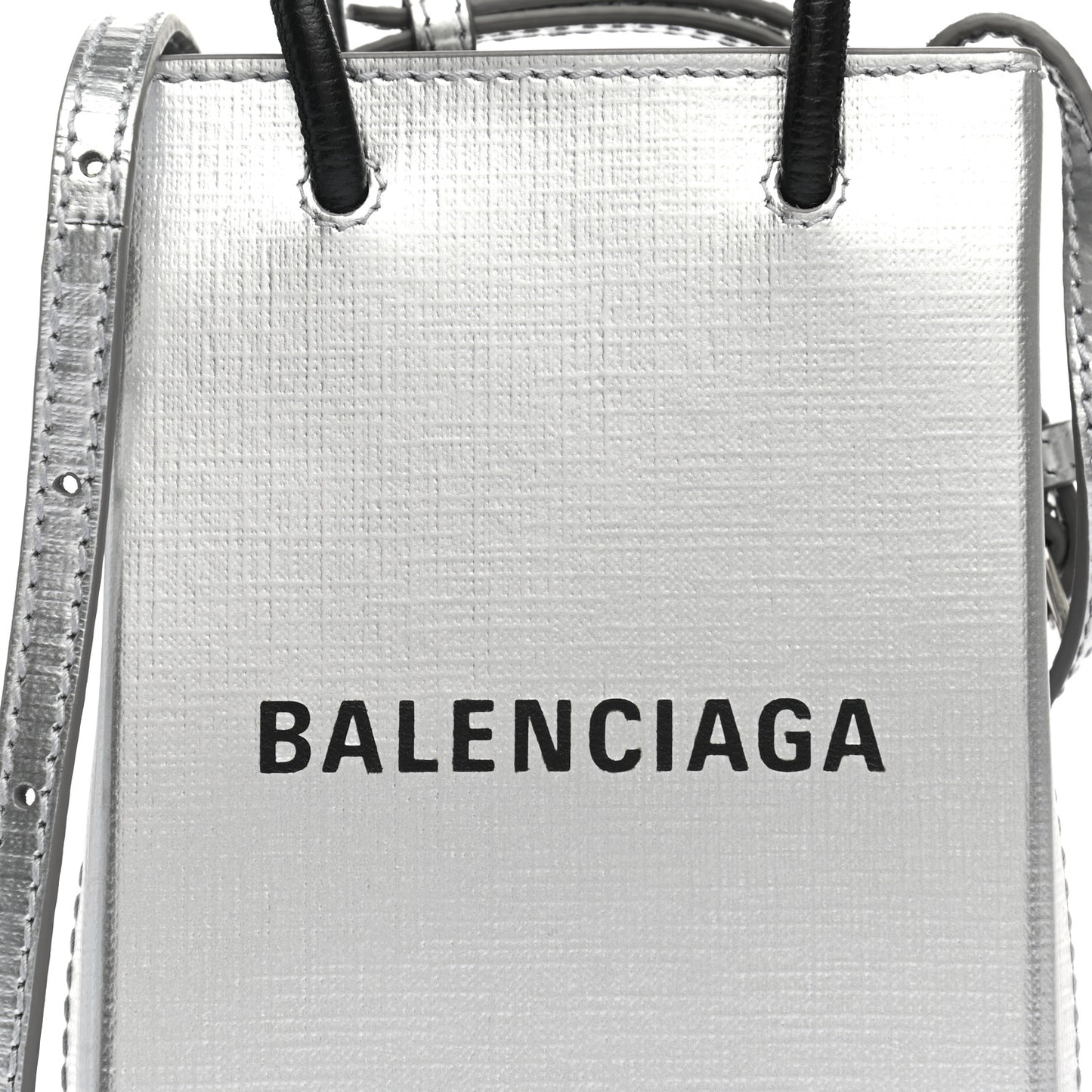 Metallic Textured Calfskin Logo Shopping Phone Holder Bag Silver