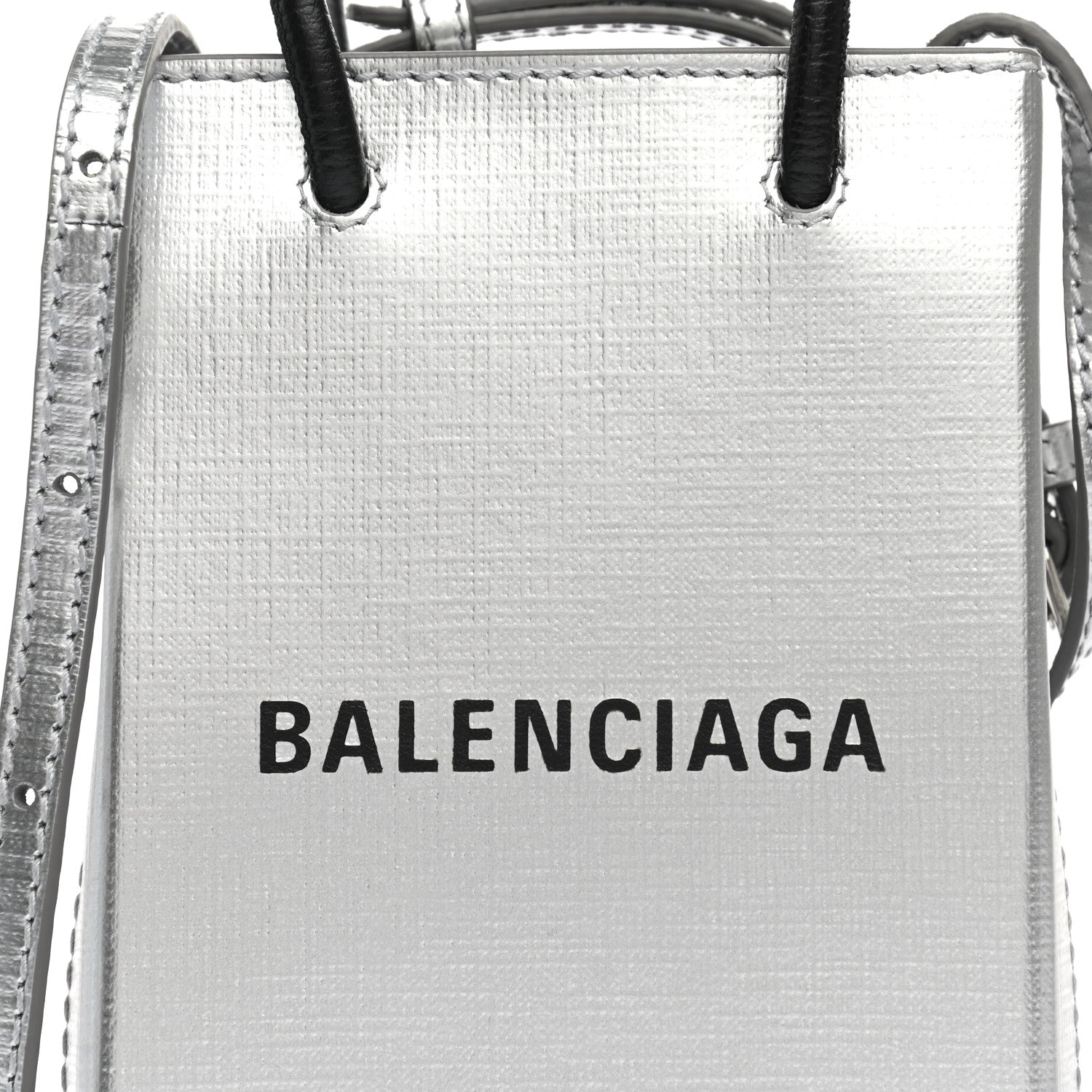 Balenciaga Metallic Textured Calfskin Logo Shopping Phone Holder Bag Silver 8 of 11