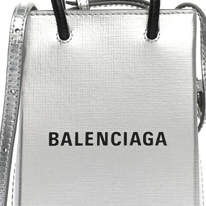 Balenciaga Metallic Textured Calfskin Logo Shopping Phone Holder Bag Silver 8 of 11