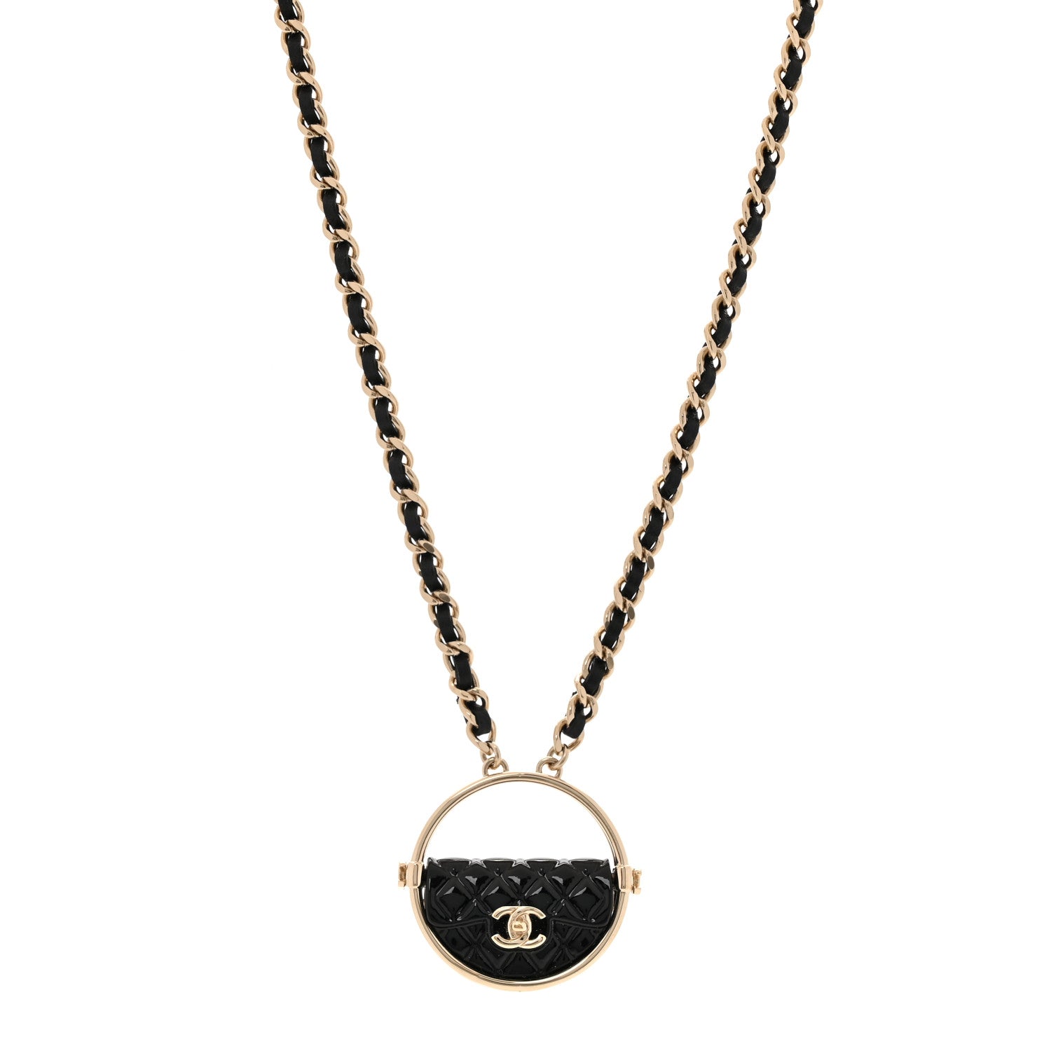 Chanel Metal Resin Quilted Flap Bag Hoop Mirror Necklace Black Gold 1 of 5