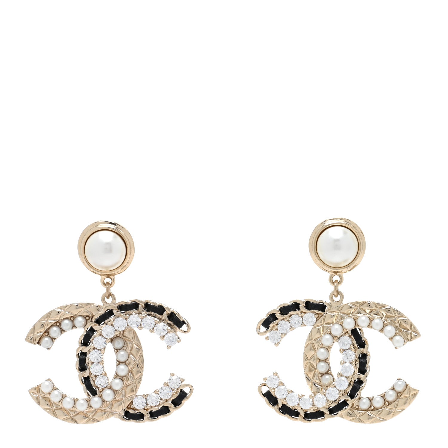 Chanel Metal Crystal Pearl Lambskin Quilted CC Chain Earrings Gold Black 1 of 4