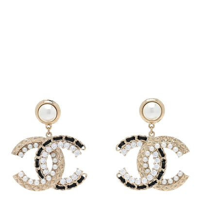 Chanel Metal Crystal Pearl Lambskin Quilted CC Chain Earrings Gold Black 1 of 4