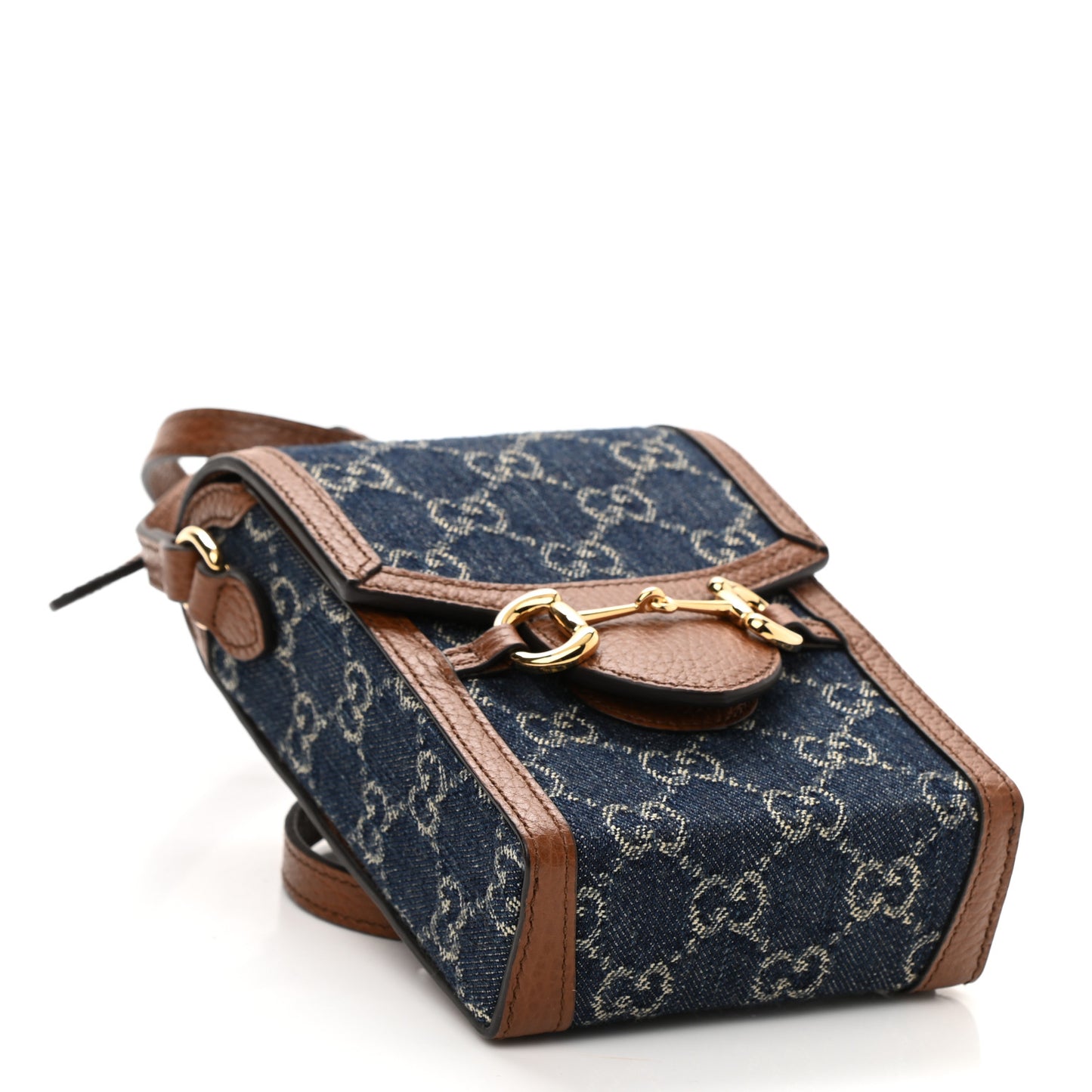 New Denim GG Monogram Dollar Calfskin Mini Horsebit 1955 Crossbody Bag Blue Tea Cuir Epilog