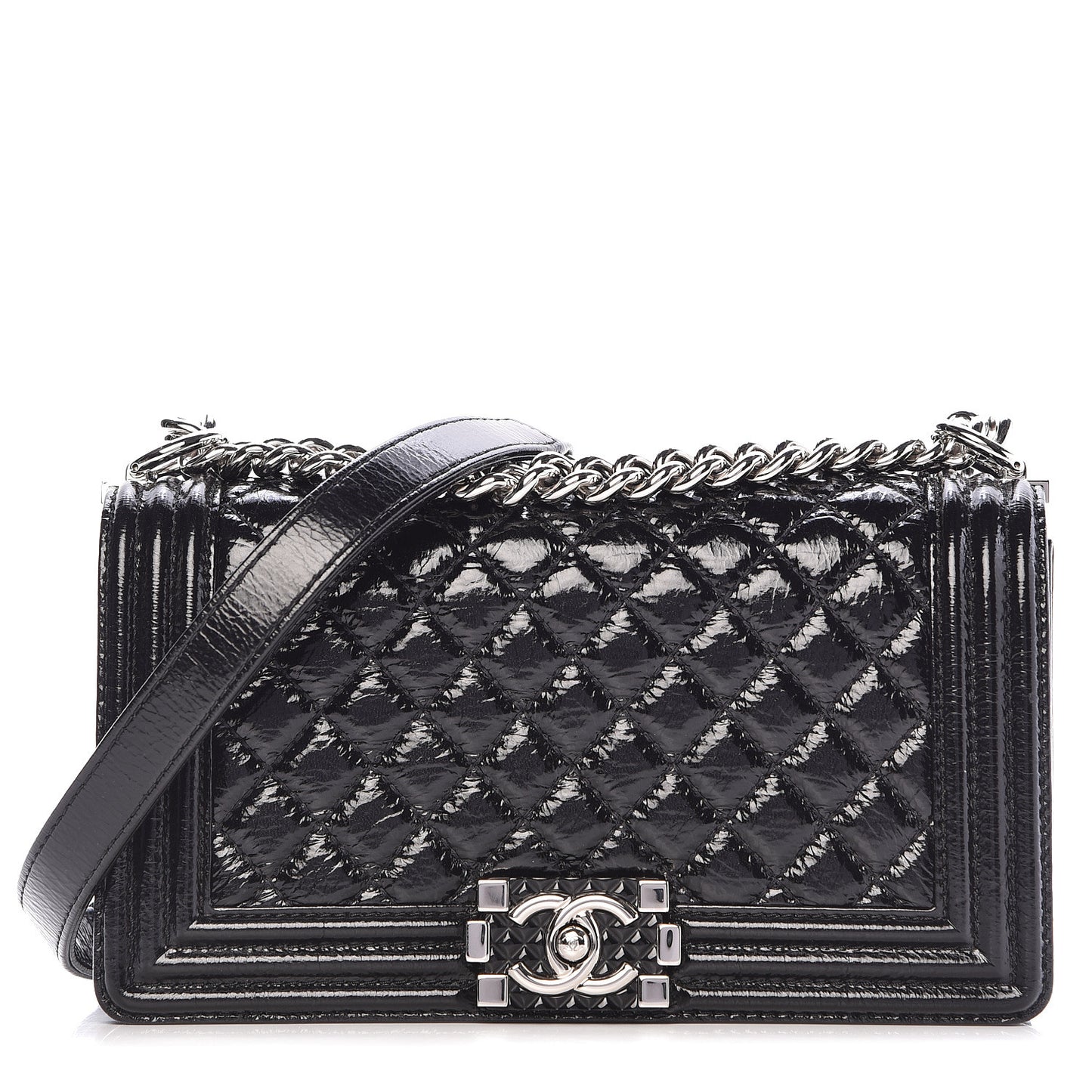 Distressed Patent Quilted Medium Boy Flap Black