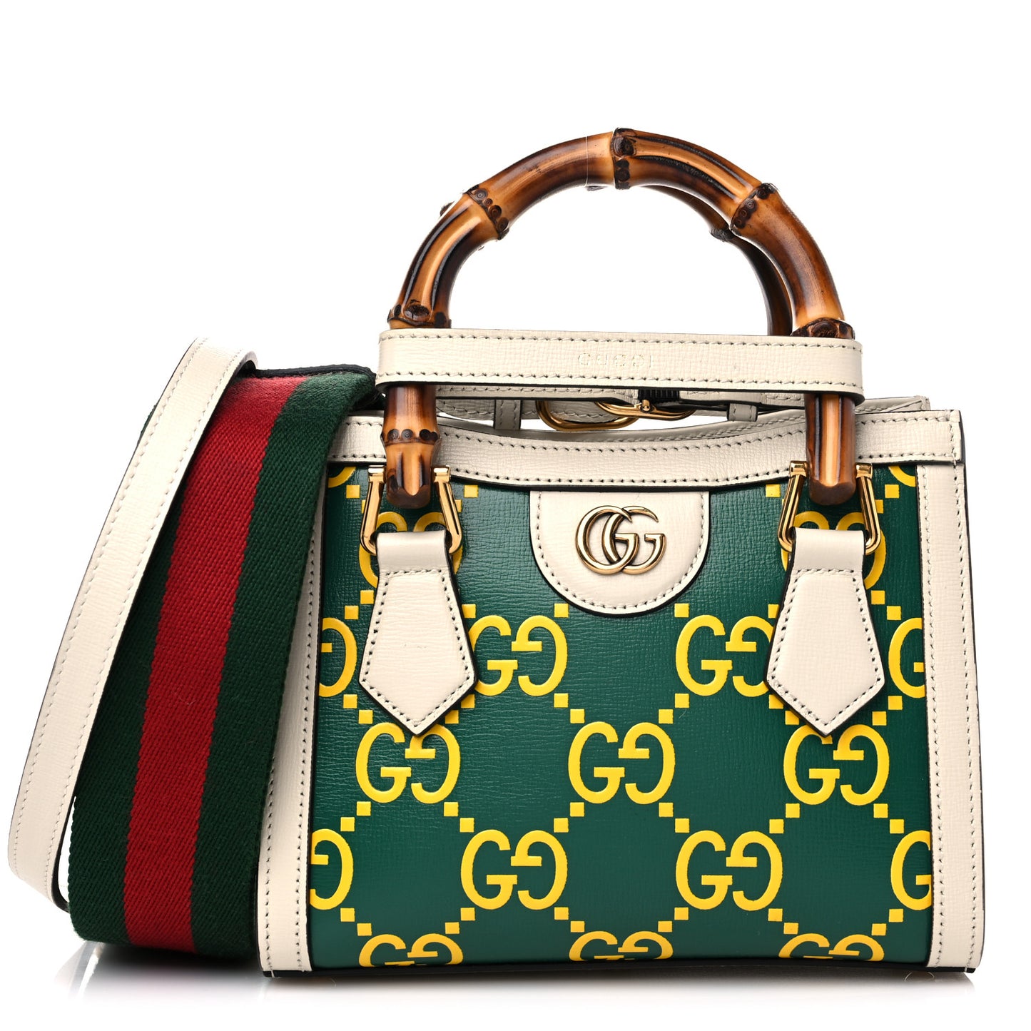 Azalea Calfskin GG Monogram Bi-Color Debossed Mini Diana Tote Bag Emerald Stone Topaz Mystic White