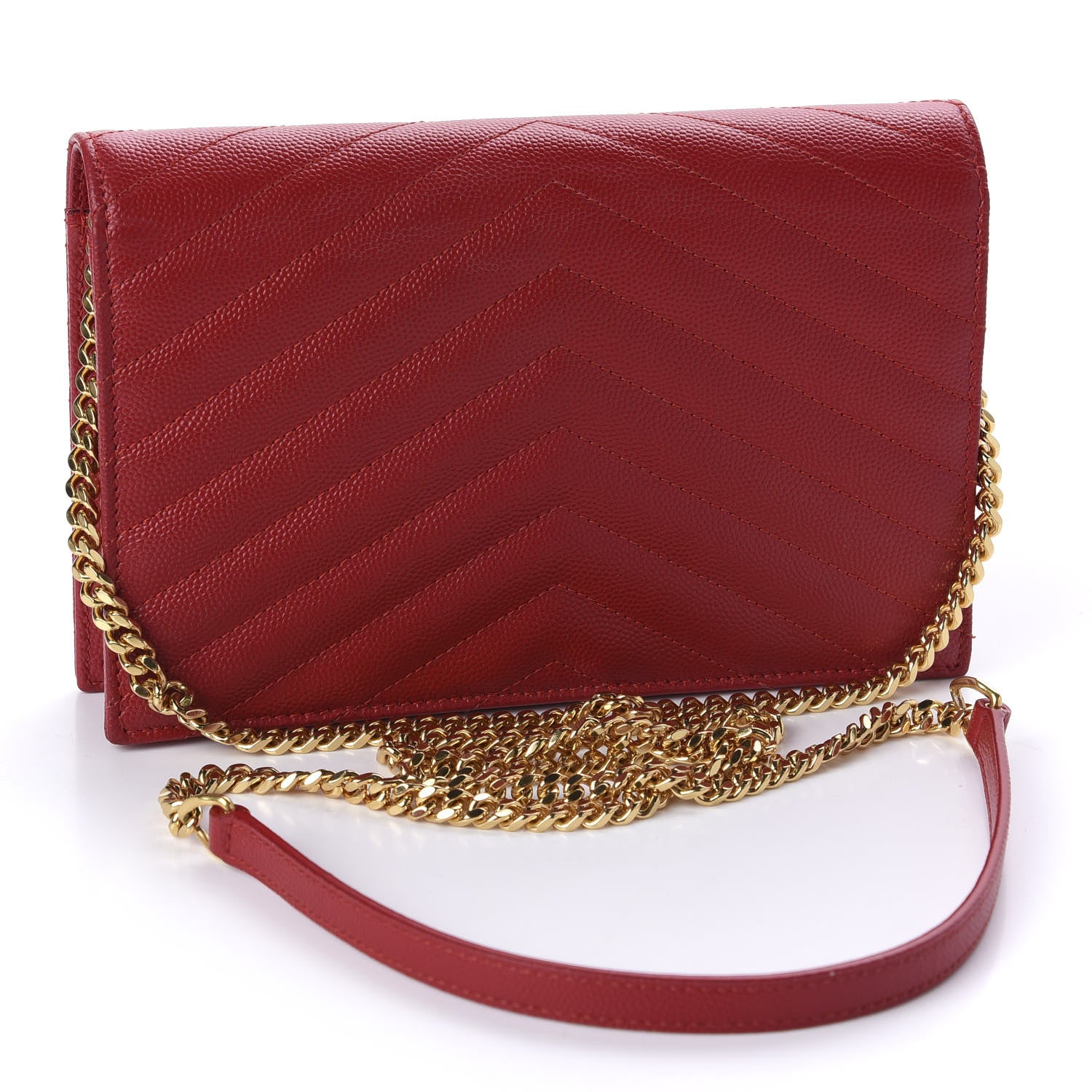 Saint Laurent Grain De Poudre Matelasse Chevron Monogram Envelope Chain Wallet New Red 3 of 11