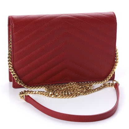 Saint Laurent Grain De Poudre Matelasse Chevron Monogram Envelope Chain Wallet New Red 3 of 11