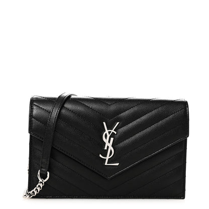 Saint Laurent Grain De Poudre Matelasse Chevron Monogram Envelope Chain Wallet Black 1 of 9