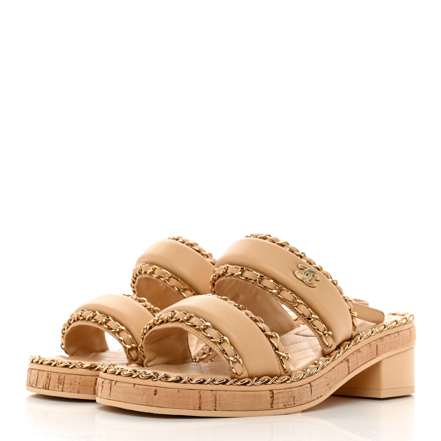 Lambskin Cork Chain Sandals 36 Beige