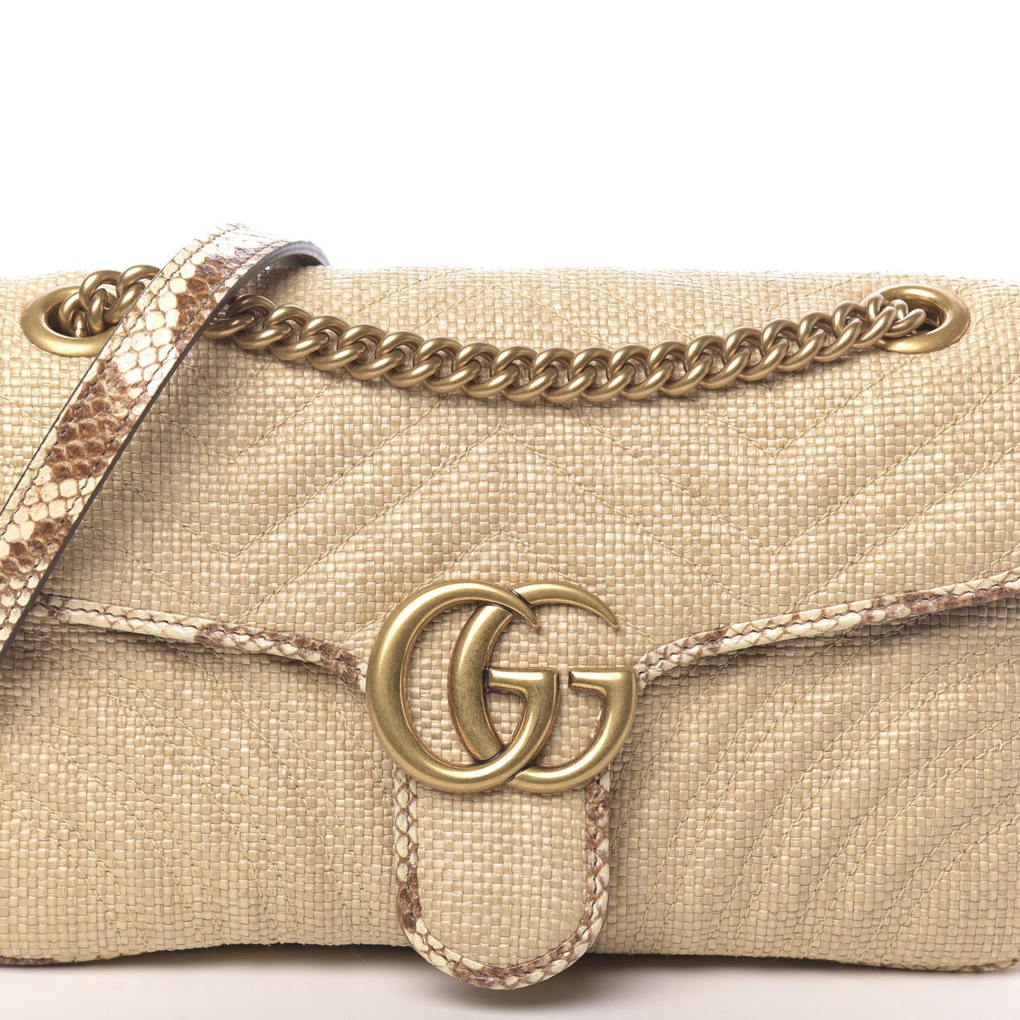 Raffia Elaphe Matelasse Small GG Marmont Shoulder Bag Natural Cream Brown