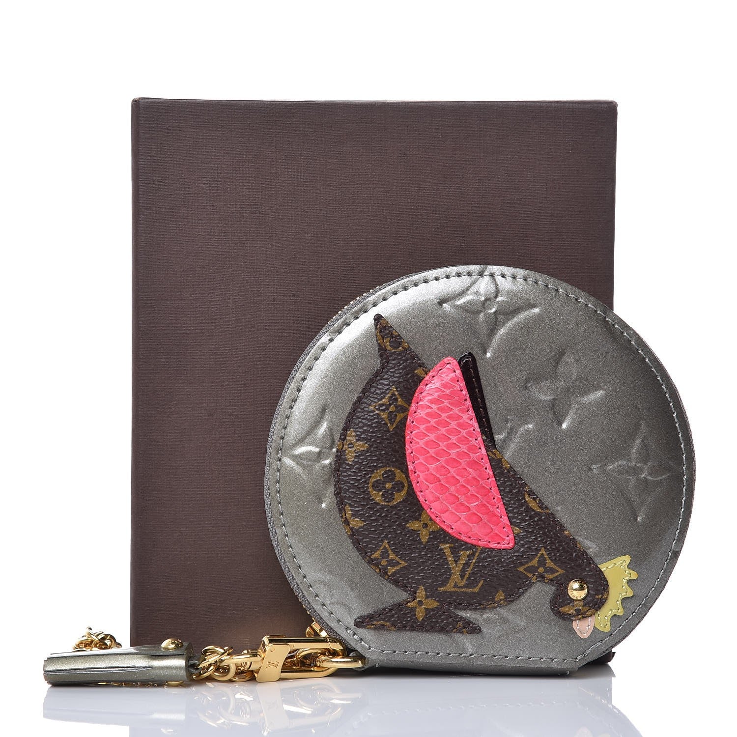 Louis Vuitton Vernis Animania Coq Rooster Round Coin Purse Gris Art Deco 8 of 8