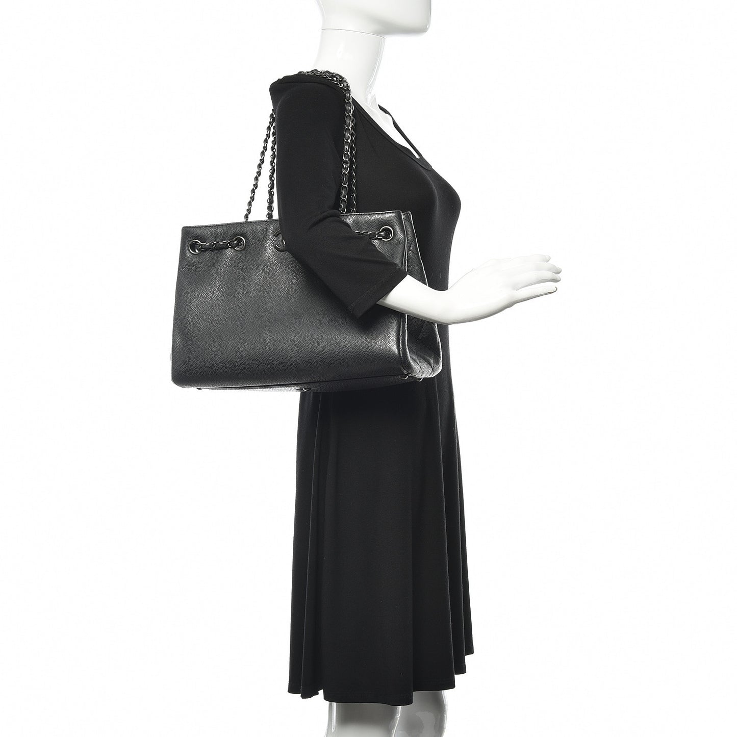 Metallic Grained Calfskin Medium Woven Chain Shopping Tote Black