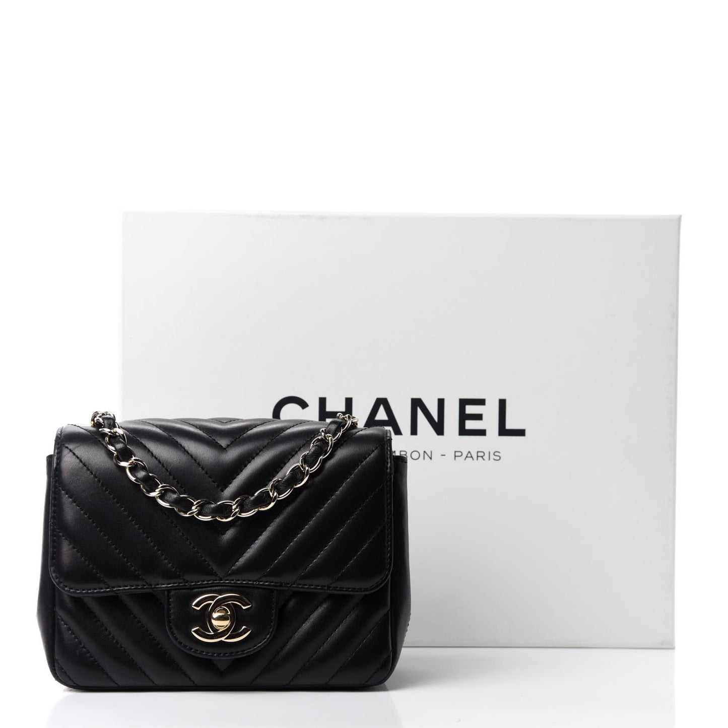 Lambskin Chevron Quilted Mini Square Flap Black