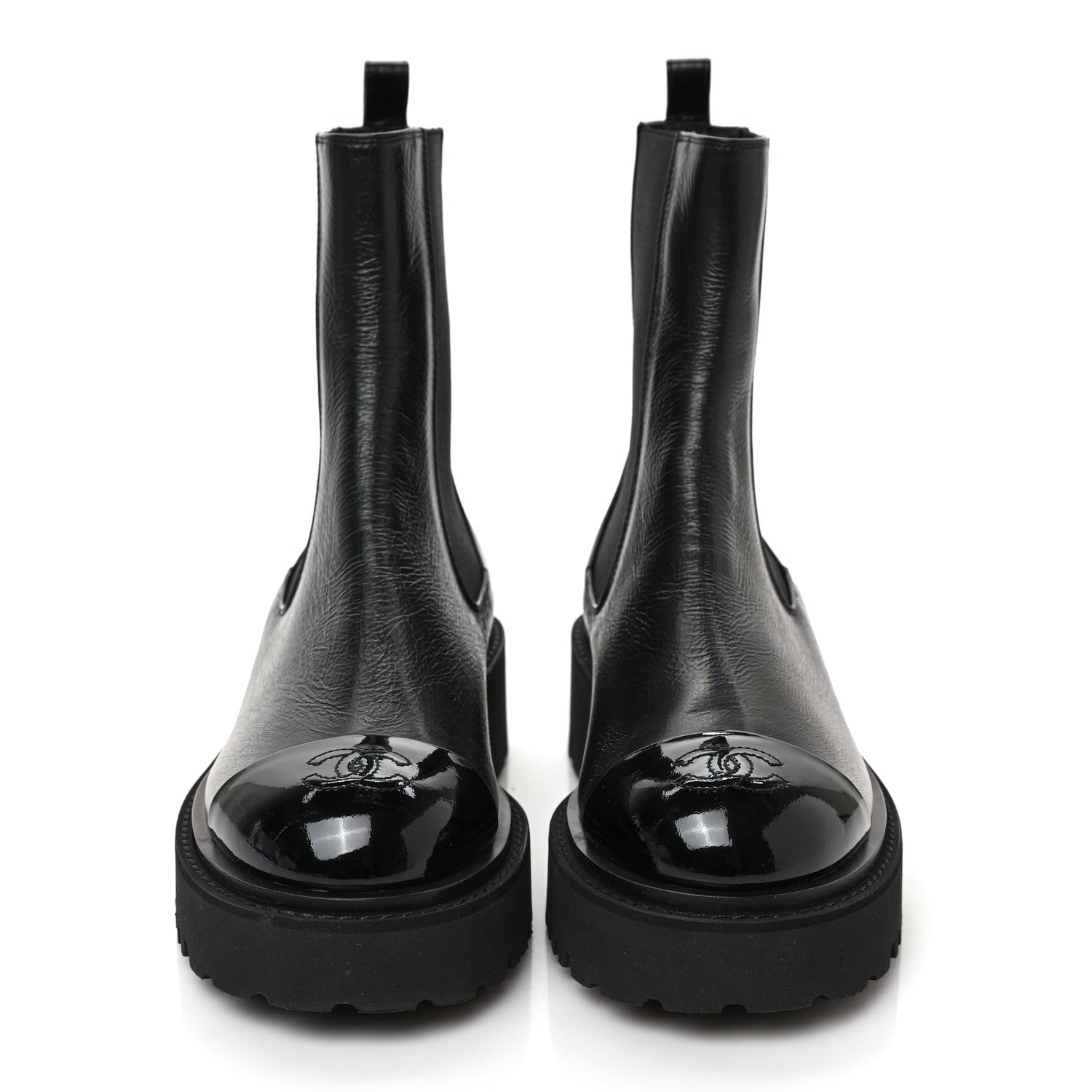 Chanel Crumpled Calfskin Patent Cap Toe Short Boots 38 Black 2 of 8