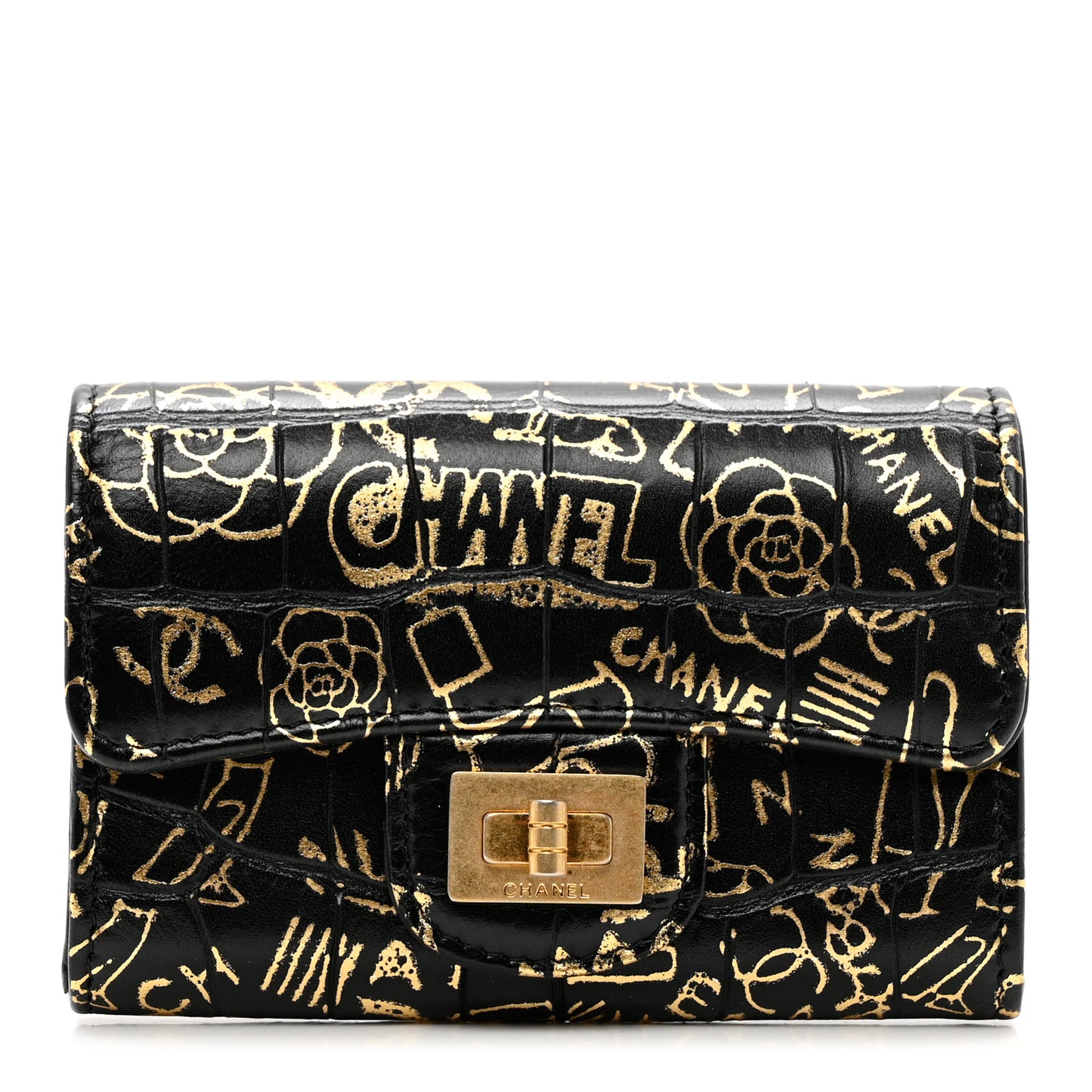 Calfskin Crocodile Embossed Graffiti 2.55 Cocodile Reissue Flap Card Holder Black Gold