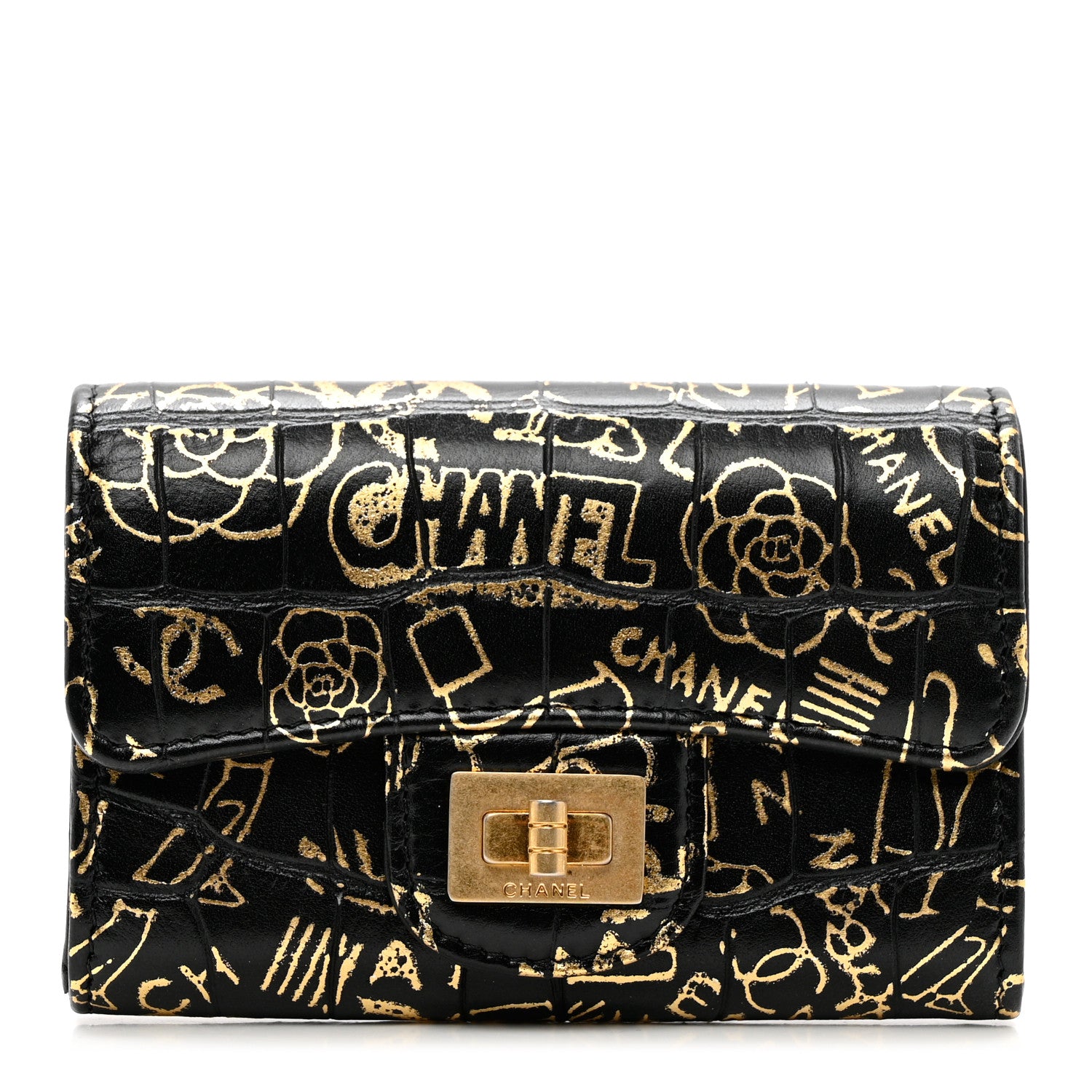 Chanel Calfskin Crocodile Embossed Graffiti 2.55 Cocodile Reissue Flap Card Holder Black Gold 1 of 8