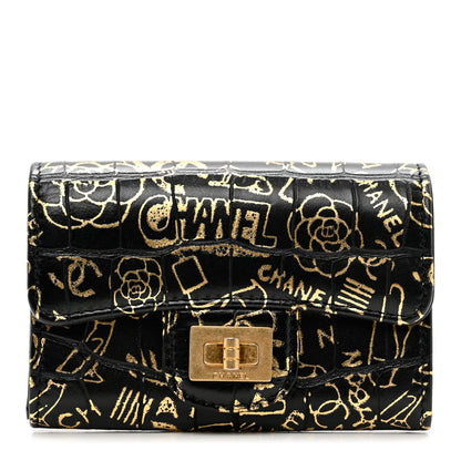 Chanel Calfskin Crocodile Embossed Graffiti 2.55 Cocodile Reissue Flap Card Holder Black Gold 1 of 8